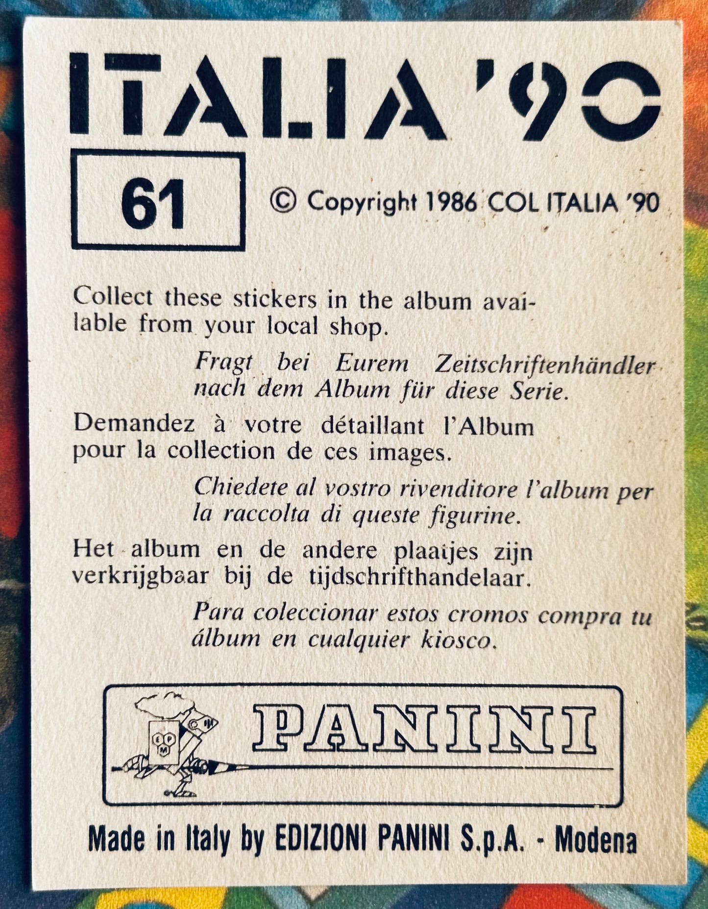 Panini FIFA World Cup Italia 90 Sticker - KURT RUSS (AUSTRIA) #61