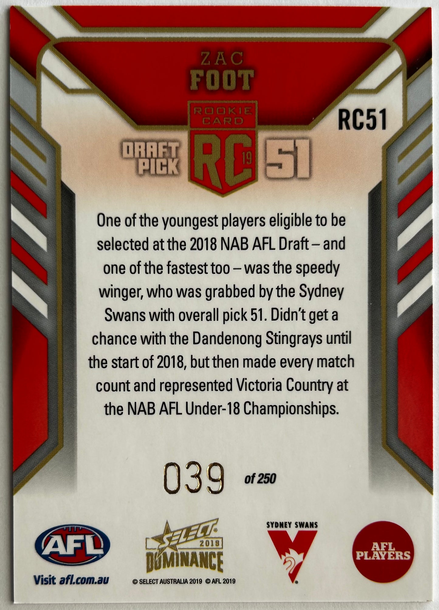 2019 AFL Select Dominance - ZAC FOOT (SYDNEY SWANS) Rookie Card RC51 /350