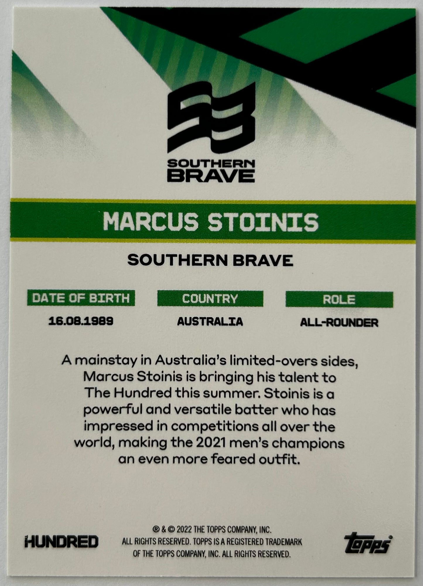 Topps The Hundred 2022 Trading Card Collection - MARCUS STOINIS (Southern Brave)