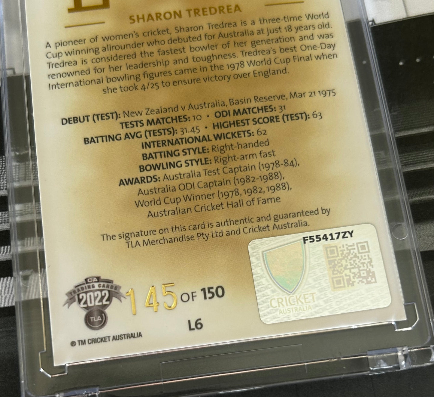 2022 CA Traders Trading Card Collection - SHARON TREDREA (AUSTRALIA) Legends Signature Series #L6 /150 *On Card Auto*