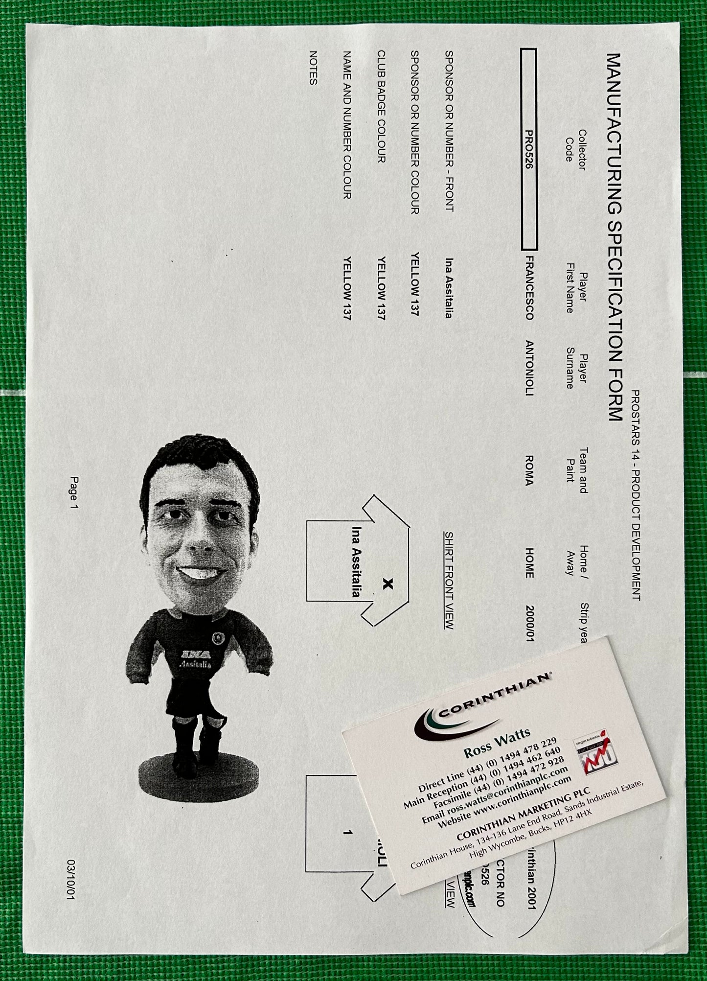 Corinthian Manufacturing Specification Form - FRANCESCO ANTONIOLI (AS ROMA) ProStars Series 14 PRO526