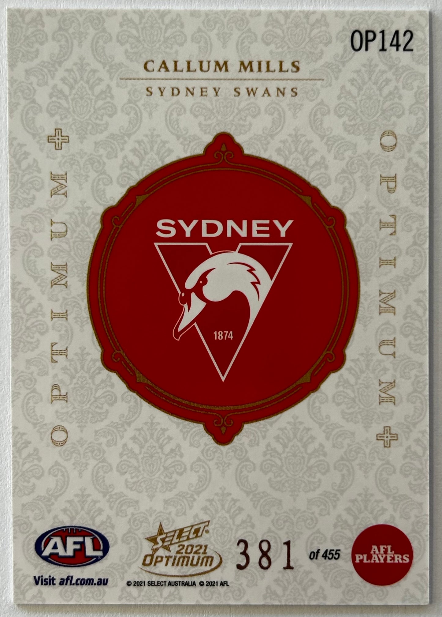 2021 AFL Select Optimum - CALLUM MILLS (SYDNEY SWANS) Optimum+ OP142 /455