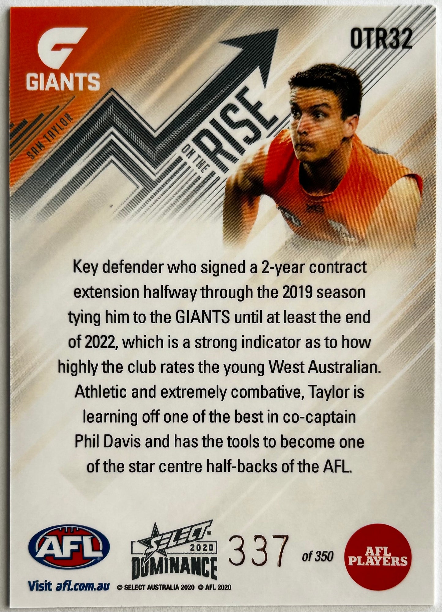 2020 AFL Select Dominance - SAM TAYLOR (GWS GIANTS) On The Rise OTR32 /350
