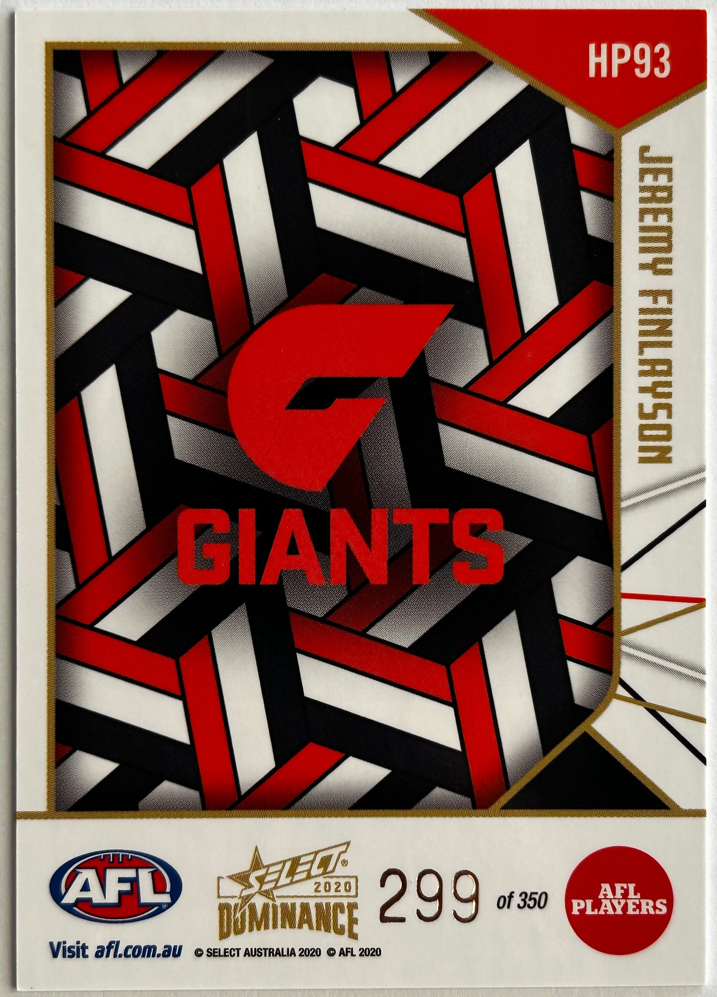 2020 AFL Select Dominance - JEREMY FINLAYSON (GWS GIANTS) Holographic Parallel HP93 /350