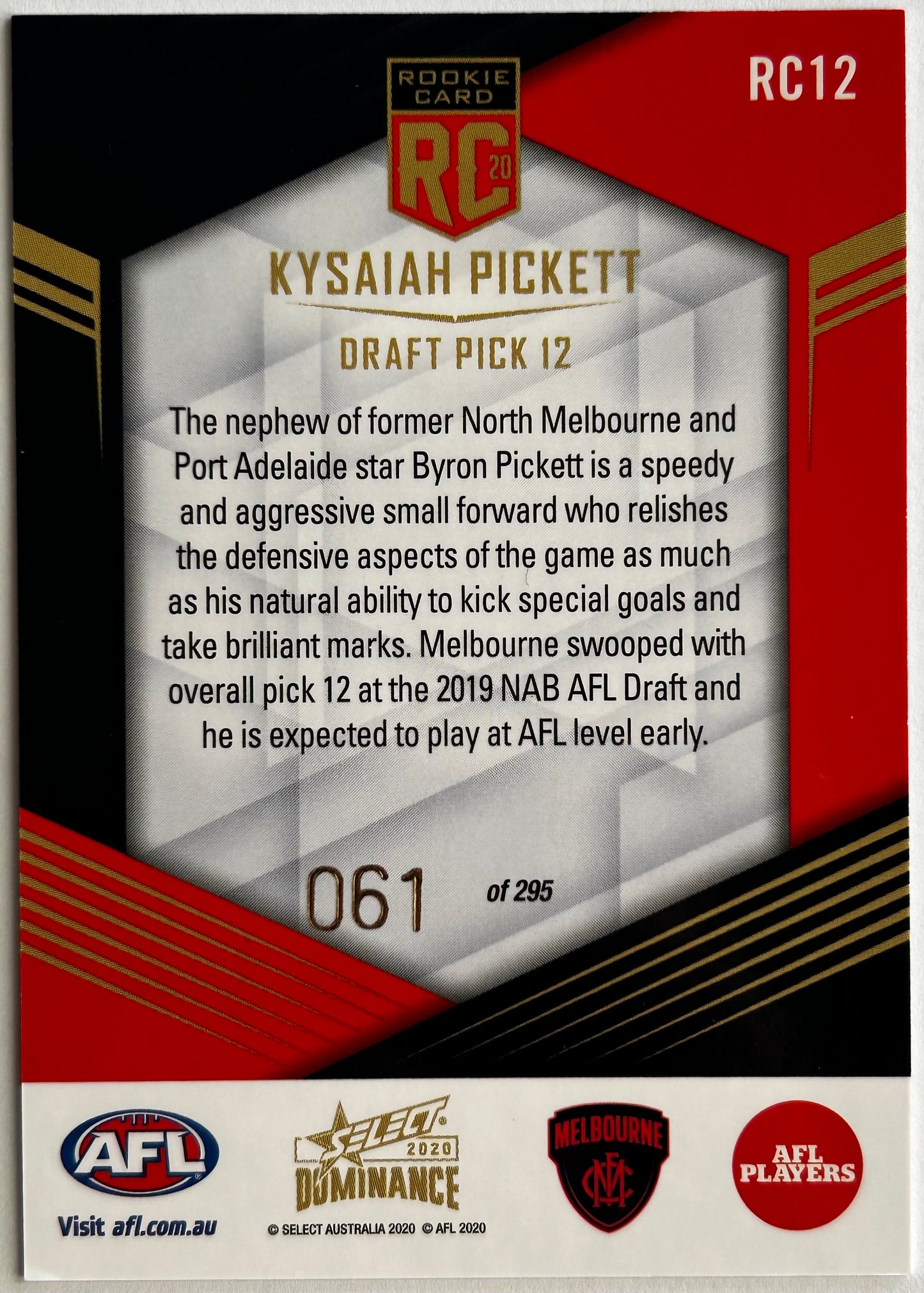 2020 AFL Select Dominance - KYSAIAH PICKETT (MELBOURNE) Rookie Card RC12 /295