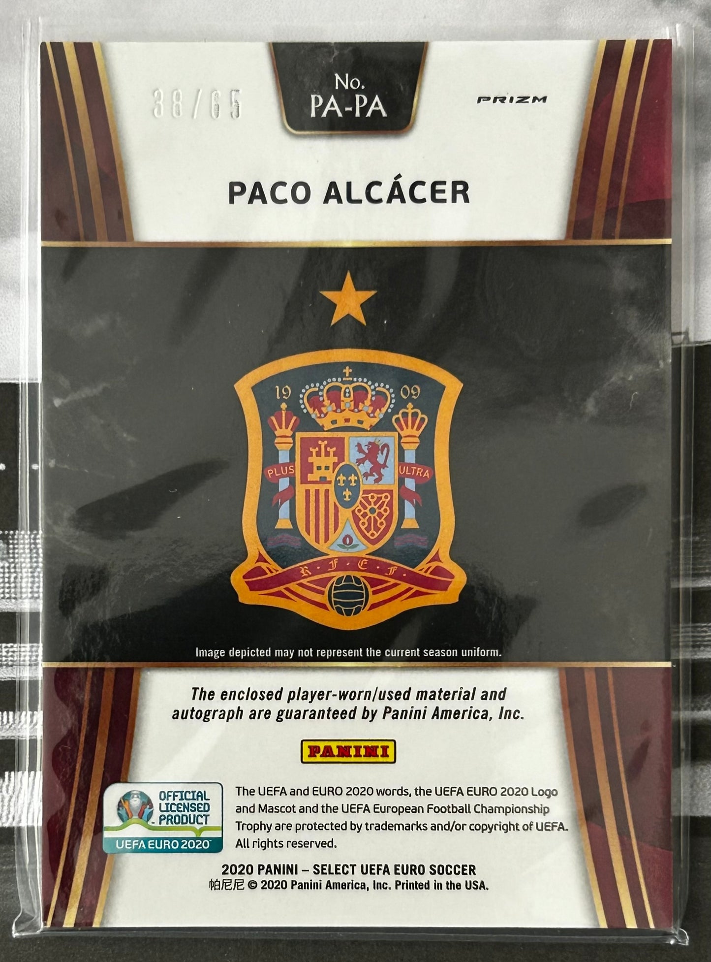 Panini Select UEFA EURO 2020 Soccer - PACO ALCACER (SPAIN) Match-worn Jersey Patch Autograph Red Prizm #PA-PA /65