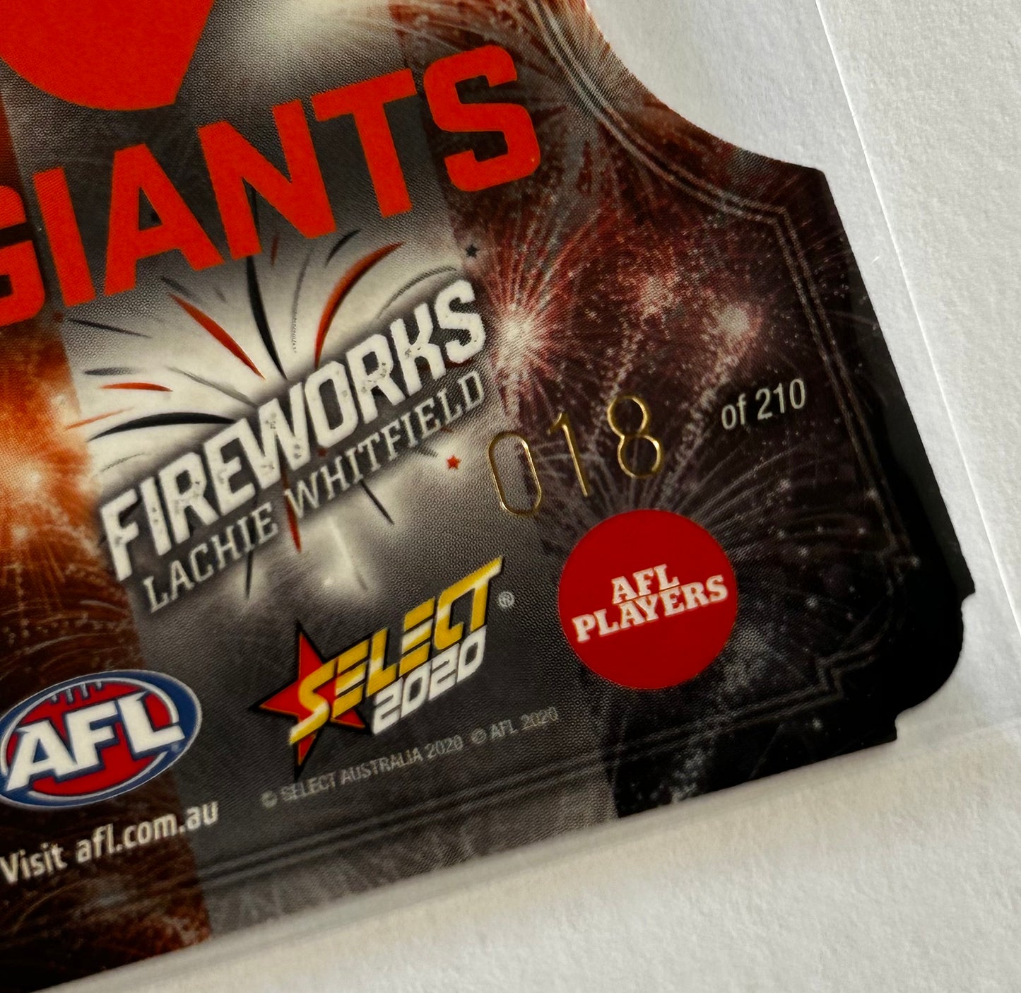 Select AFL Footy Stars 2020 - LACHIE WHITFIELD (GWS GIANTS) Fireworks FDC63 /210