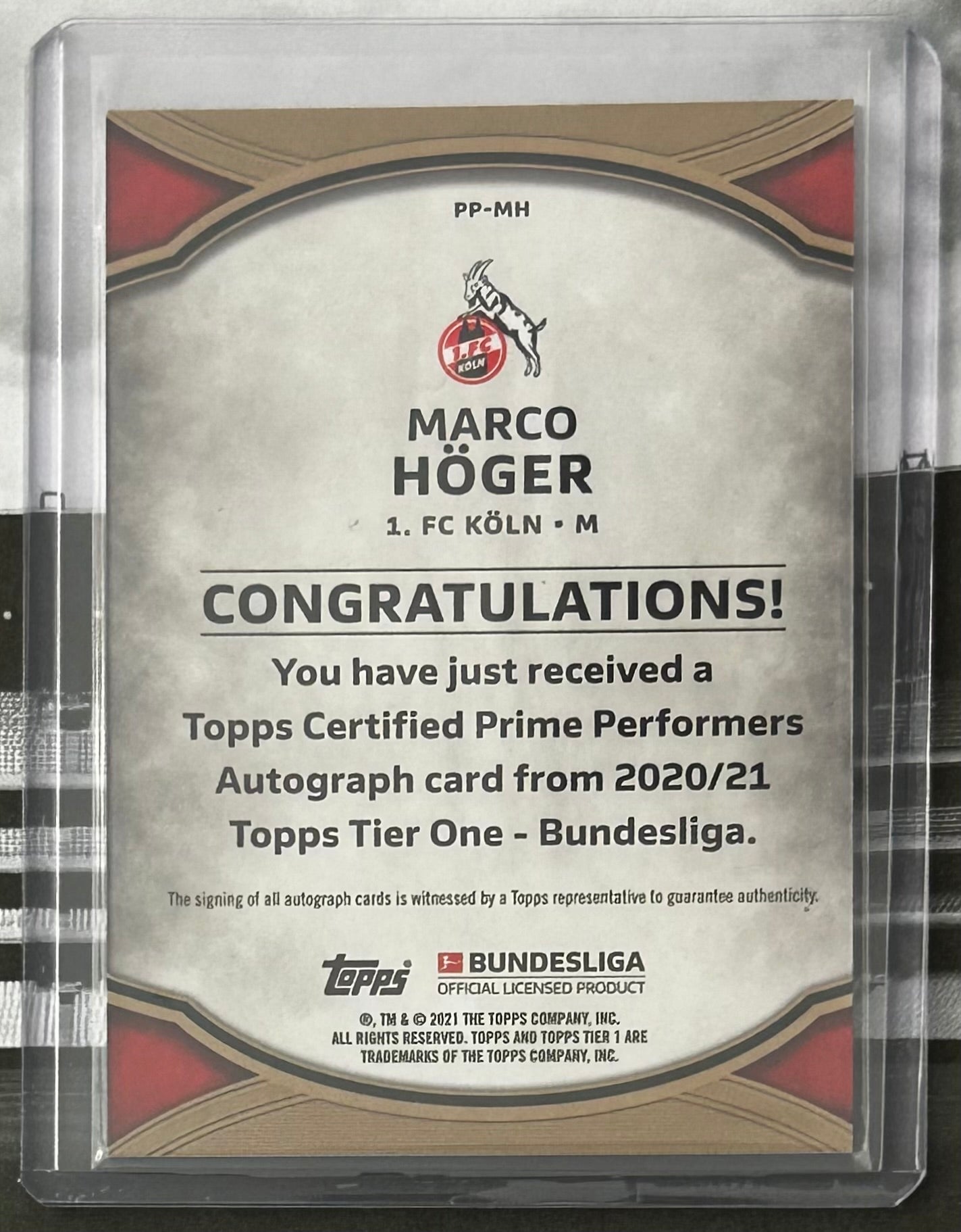 2020-21 Topps Tier One Bundesliga - MARCO HOGER (1. FC KOLN) Prime Performers Autograph Card #PP-MH /125
