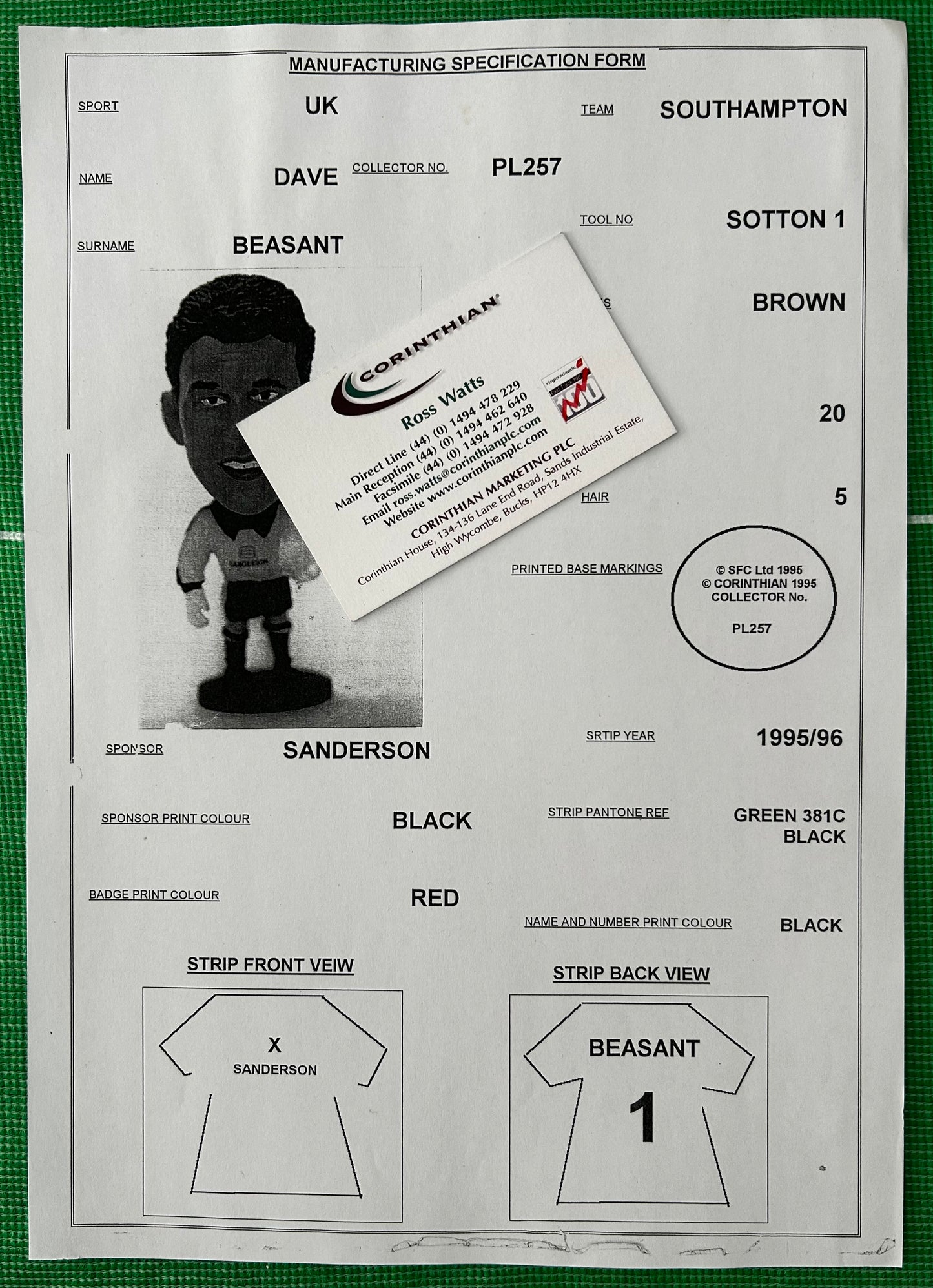 Corinthian Manufacturing Specification Form - DAVE BEASANT (SOUTHAMPTON) 1995-96 PL257
