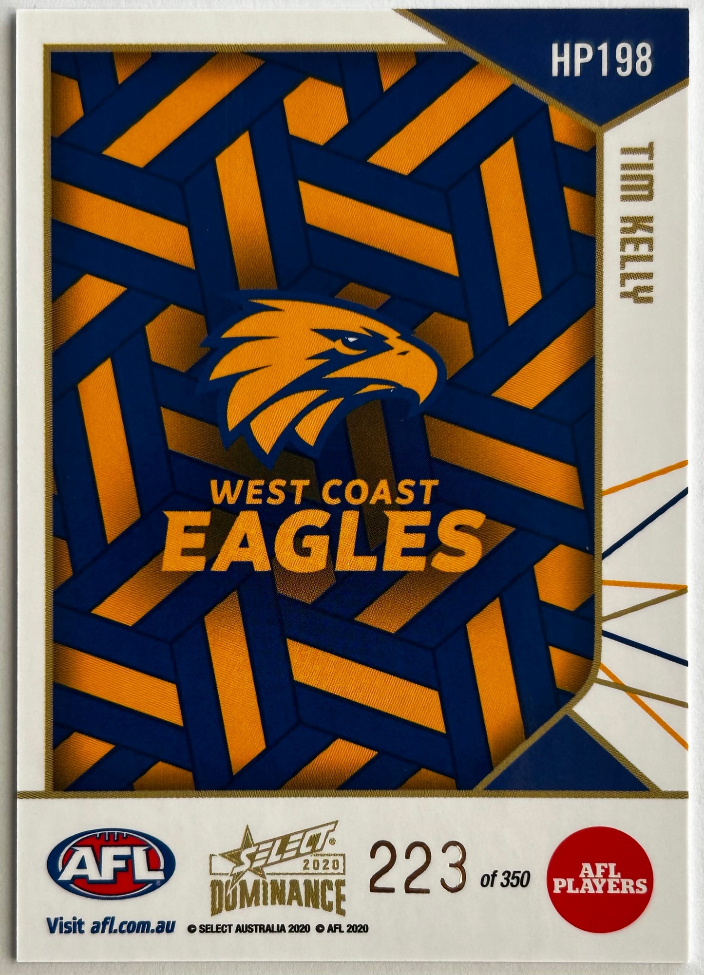 2020 AFL Select Dominance - TIM KELLY (WEST COAST EAGLES) Holographic Parallel HP198 /350