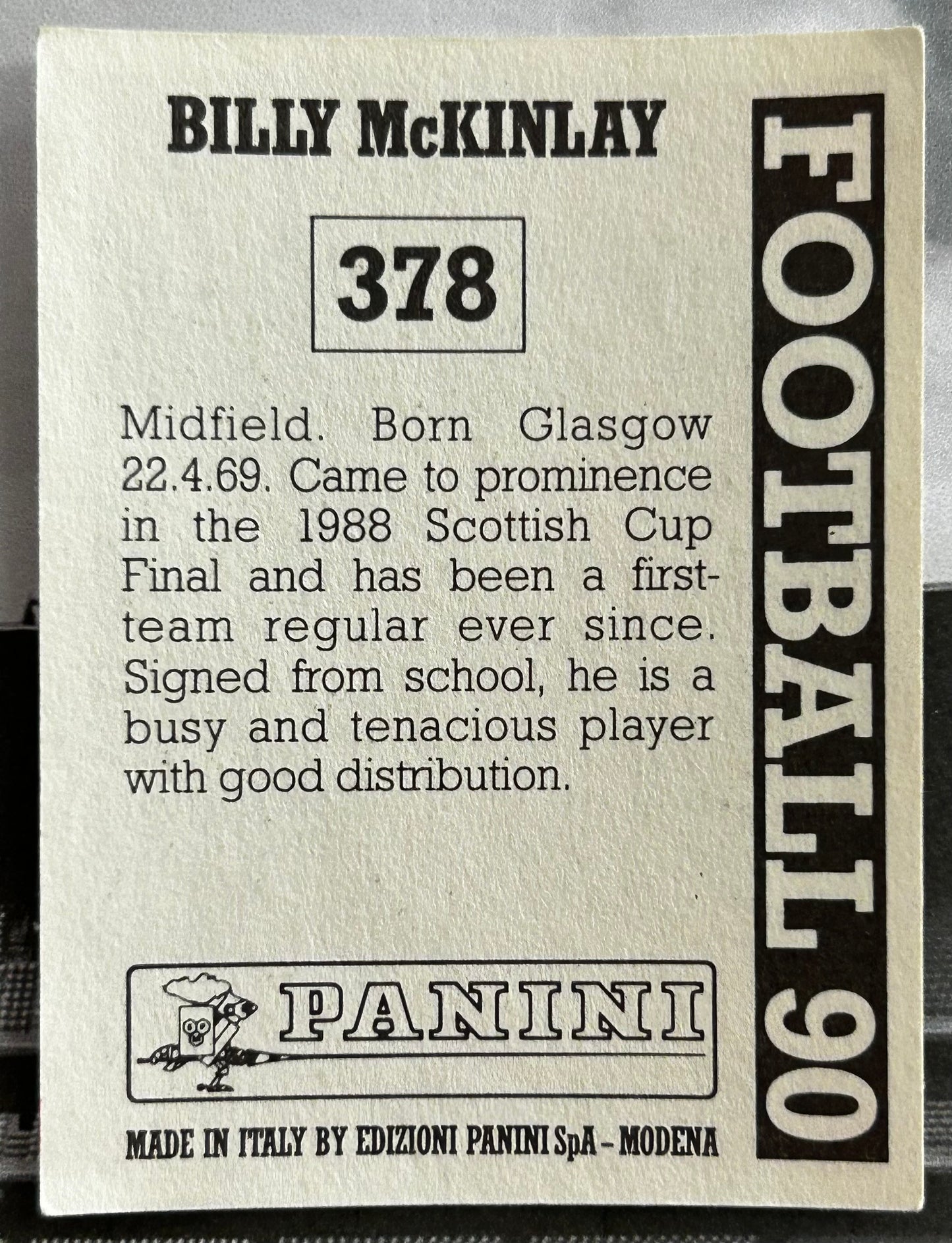 Panini Football 90 Sticker - BILLY McKINLAY (DUNDEE UNITED) #378
