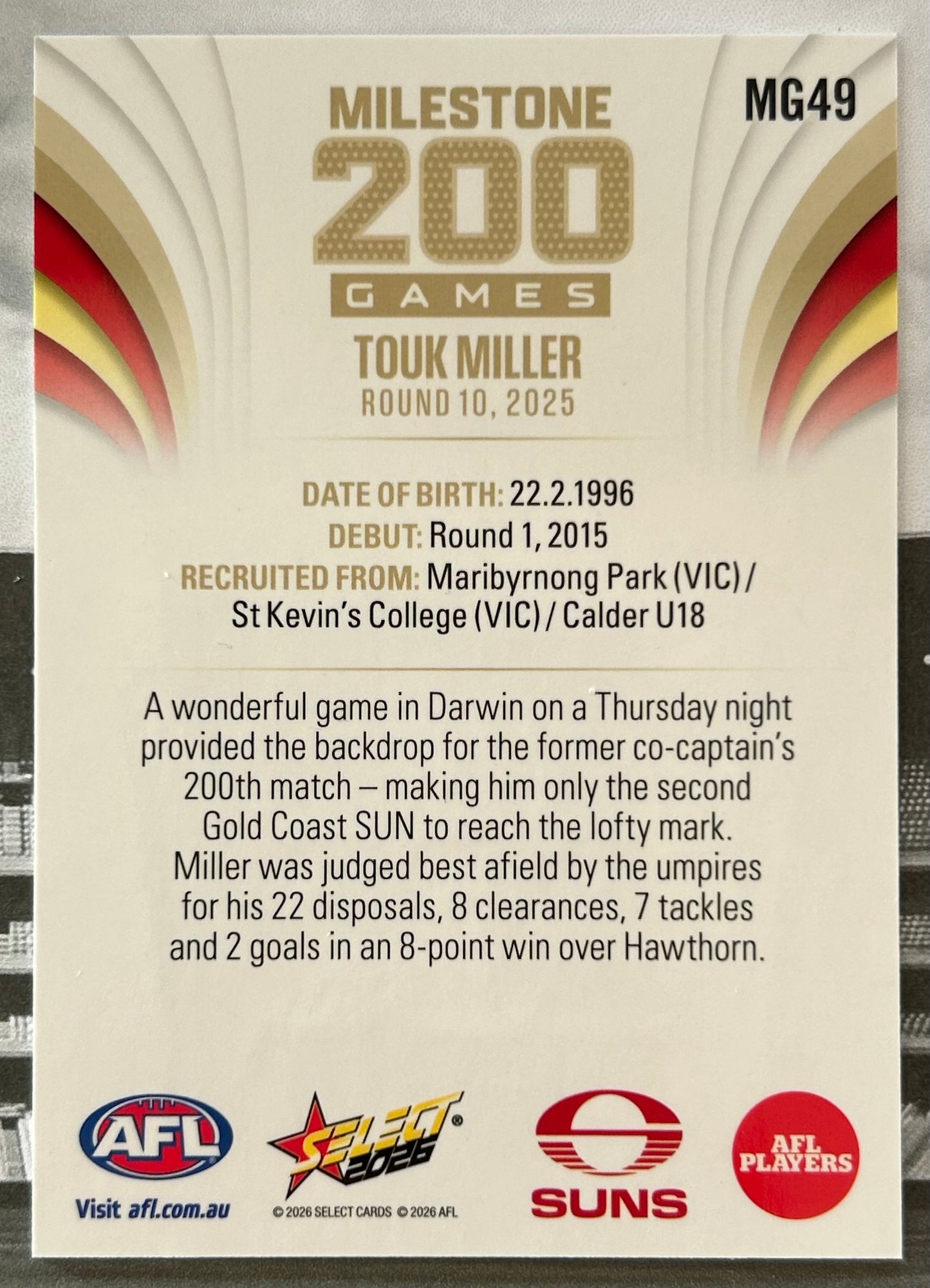 Select AFL Footy Stars 2026 - TOUK MILLER (GOLD COAST SUNS) Milestone 200 Games MG49