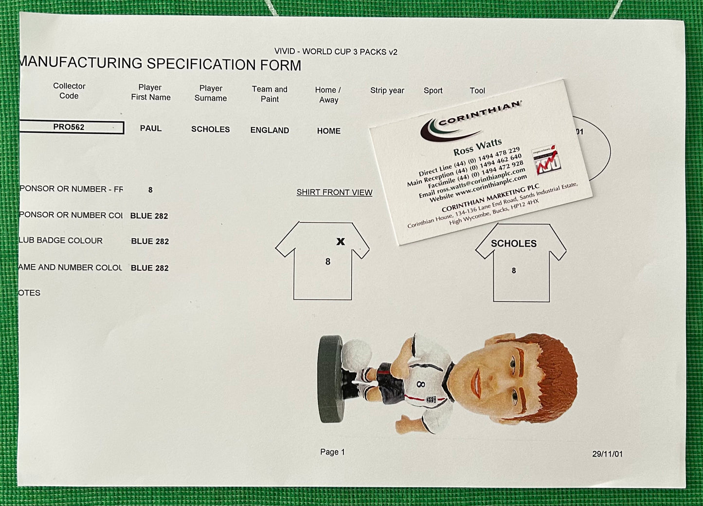 Corinthian ProStars Manufacturing Specification Form - PAUL SCHOLES (ENGLAND) Vivid World Cup 2002 3 Packs PRO562 *See Condition Note*