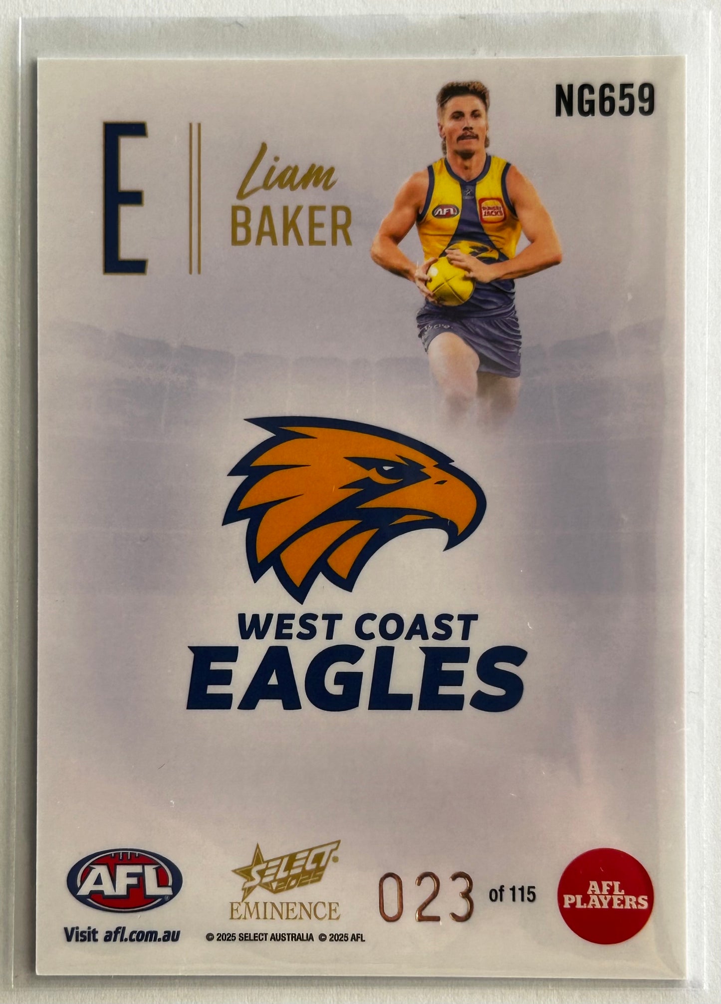 2025 AFL Select Eminence - LIAM BAKER (WEST COAST EAGLES) Nameplate Gold 'E' /115 NG659