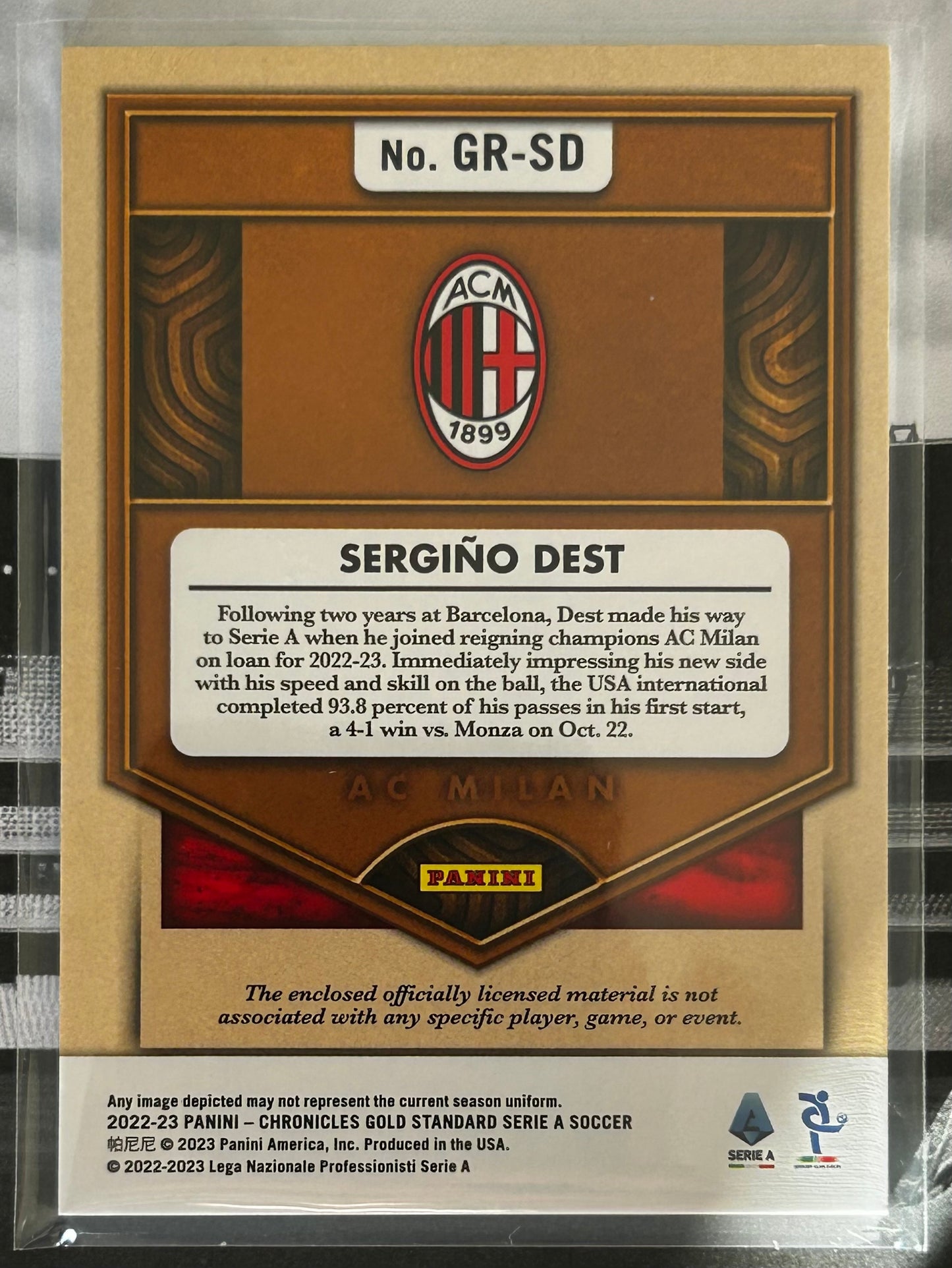 2022-23 Panini Chronicles Gold Standard Serie A Soccer - SERGINO DEST (AC MILAN) Gold Rush Patch GR-SD /299