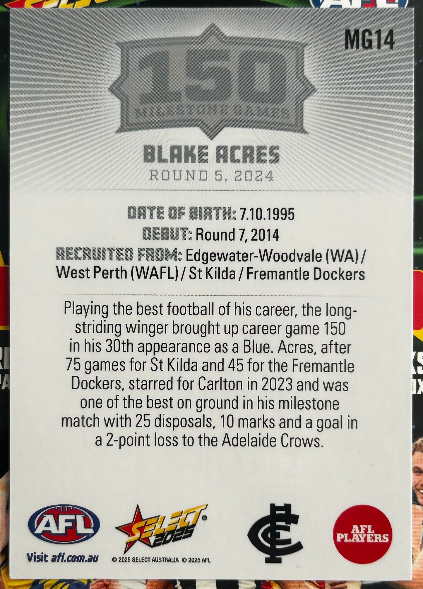 Select AFL 2025 Footy Stars - BLAKE ACRES (CARLTON) 150 Milestone Games MG14