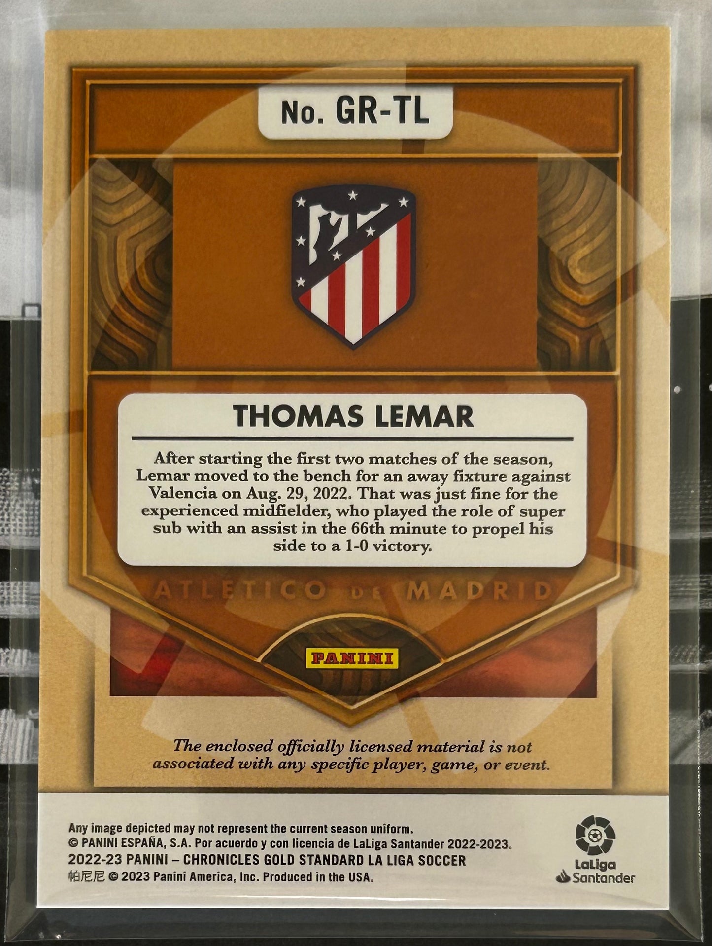 2022-23 Panini Chronicles Gold Standard La Liga Soccer - THOMAS LEMAR (ATLETICO DE MADRID) Gold Rush Patch GR-TL /199