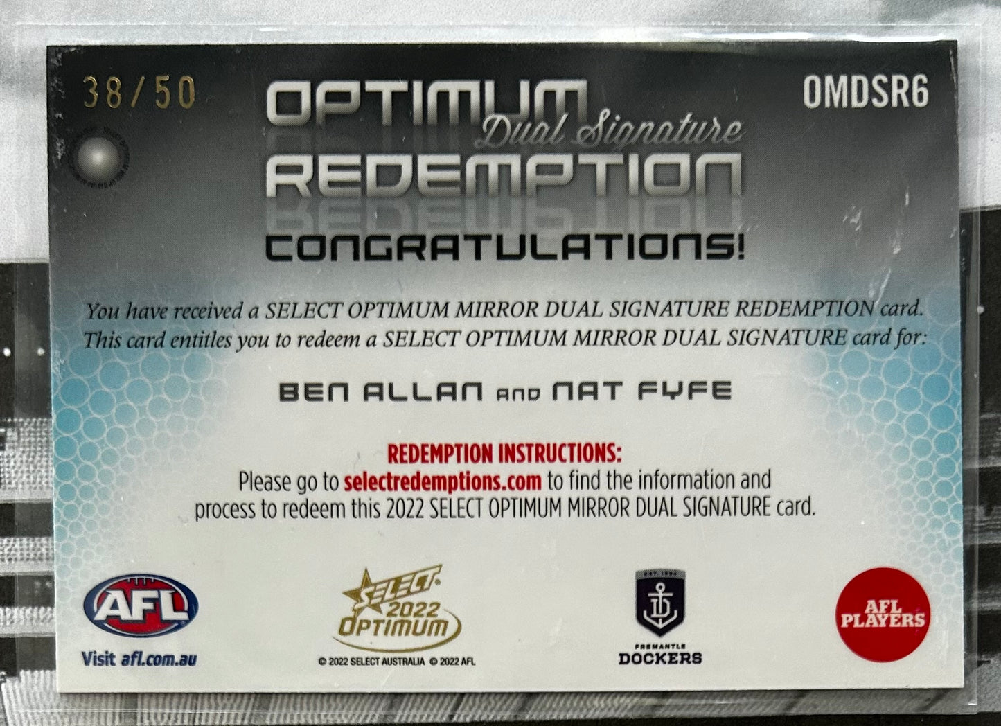 2022 AFL Select Optimum - BEN ALLAN & NAT FYFE (FREMANTLE DOCKERS) Optimum Mirror Dual Signature Redemption OMDSR6 /50
