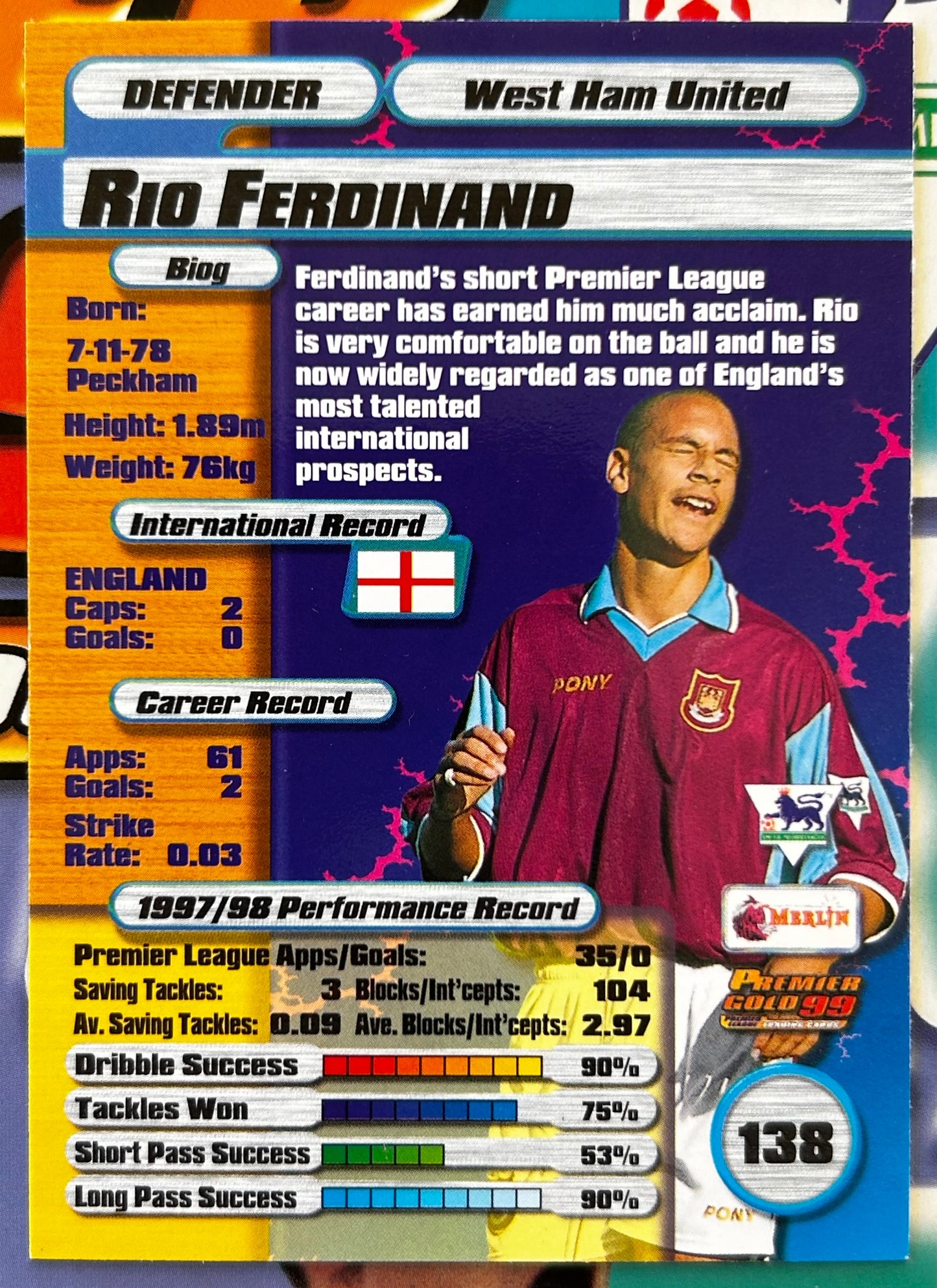 Merlin's Premier Gold 99 Trading Cards - RIO FERDINAND (WEST HAM UNITED) #138