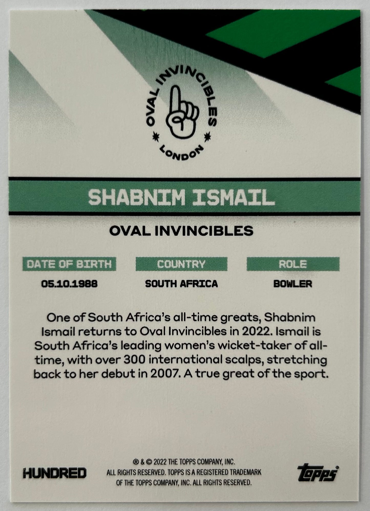 Topps The Hundred 2022 Trading Card Collection - SHABNIM ISMAIL (Oval Invincibles)