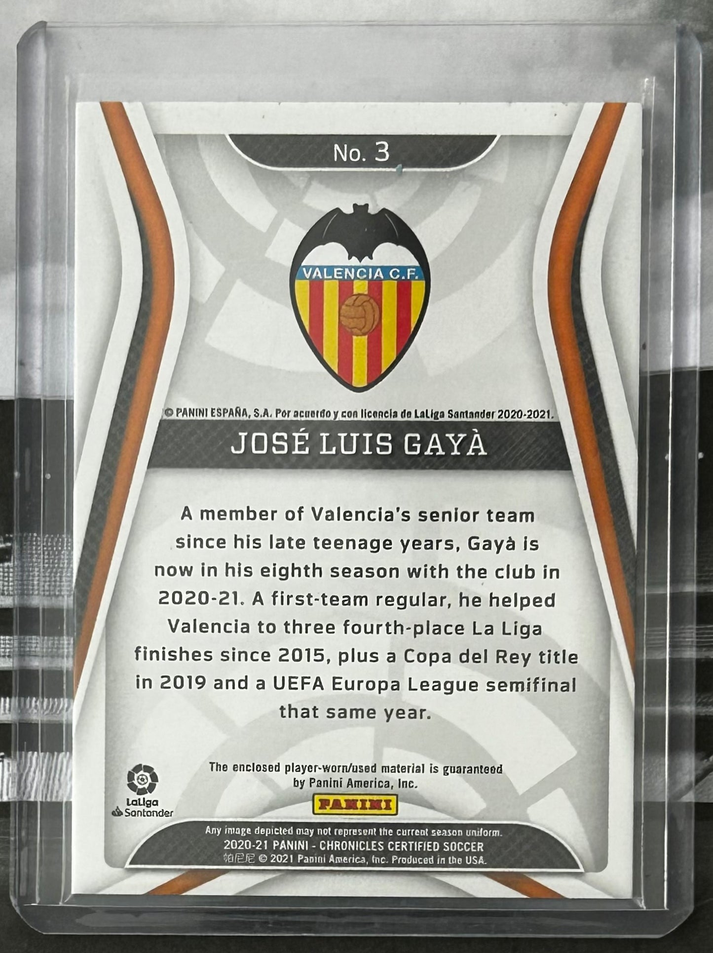2020-21 Panini Chronicles Absolute Soccer - JOSE LUIS GAYA (VALENICA CF) Certified Match-Worn Patch #3 /500