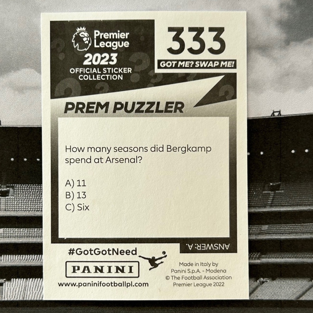 2023 Panini Premier League Sticker Collection - DENNIS BERGKAMP (ARSENAL) Premier League Legend #333