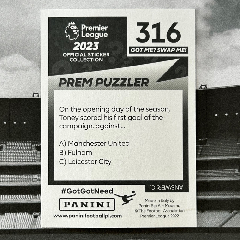 2023 Panini Premier League Sticker Collection - IVAN TONEY (BRENTFORD) Elite #316