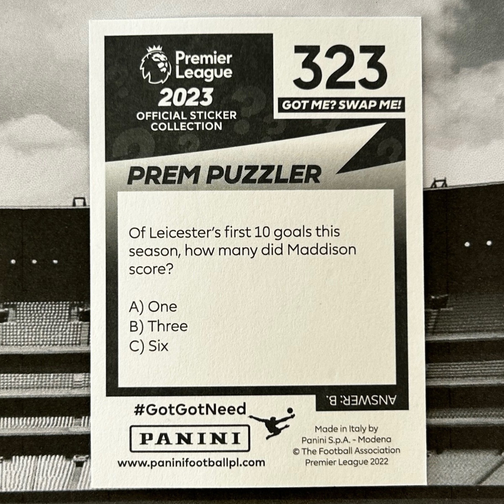 2023 Panini Premier League Sticker Collection - JAMES MADDISON (LEICESTER CITY) Elite #323