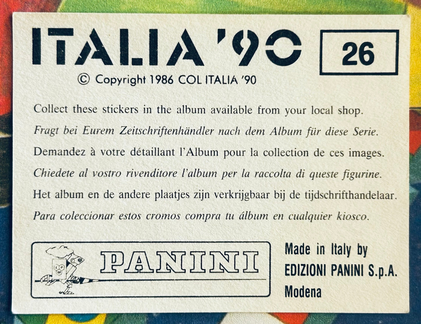 Panini FIFA World Cup Italia 90 Sticker - MASCOT #26