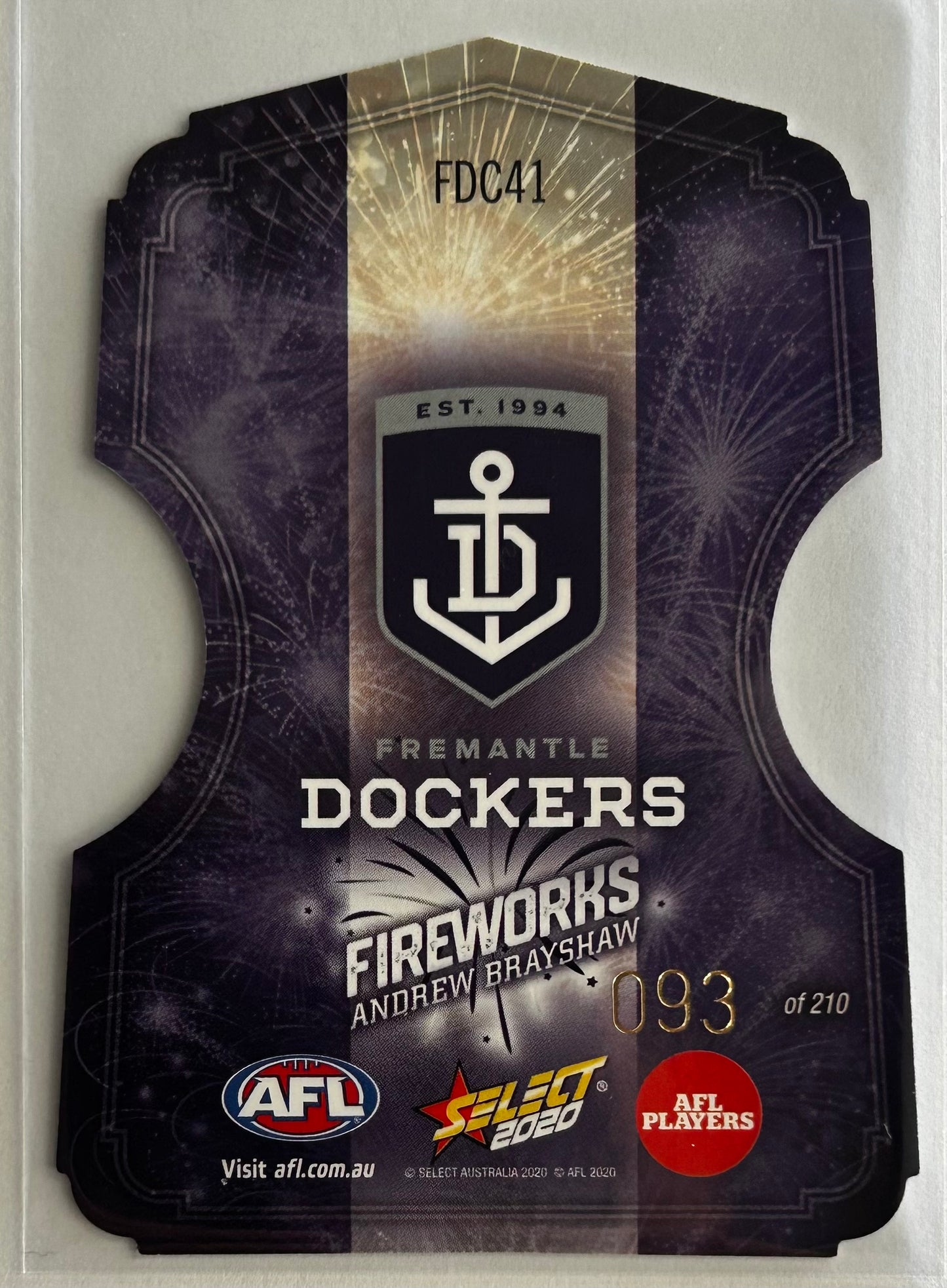 Select AFL Footy Stars 2020 - ANDREW BRAYSHAW (FREMANTLE DOCKERS) Fireworks FDC41 /210