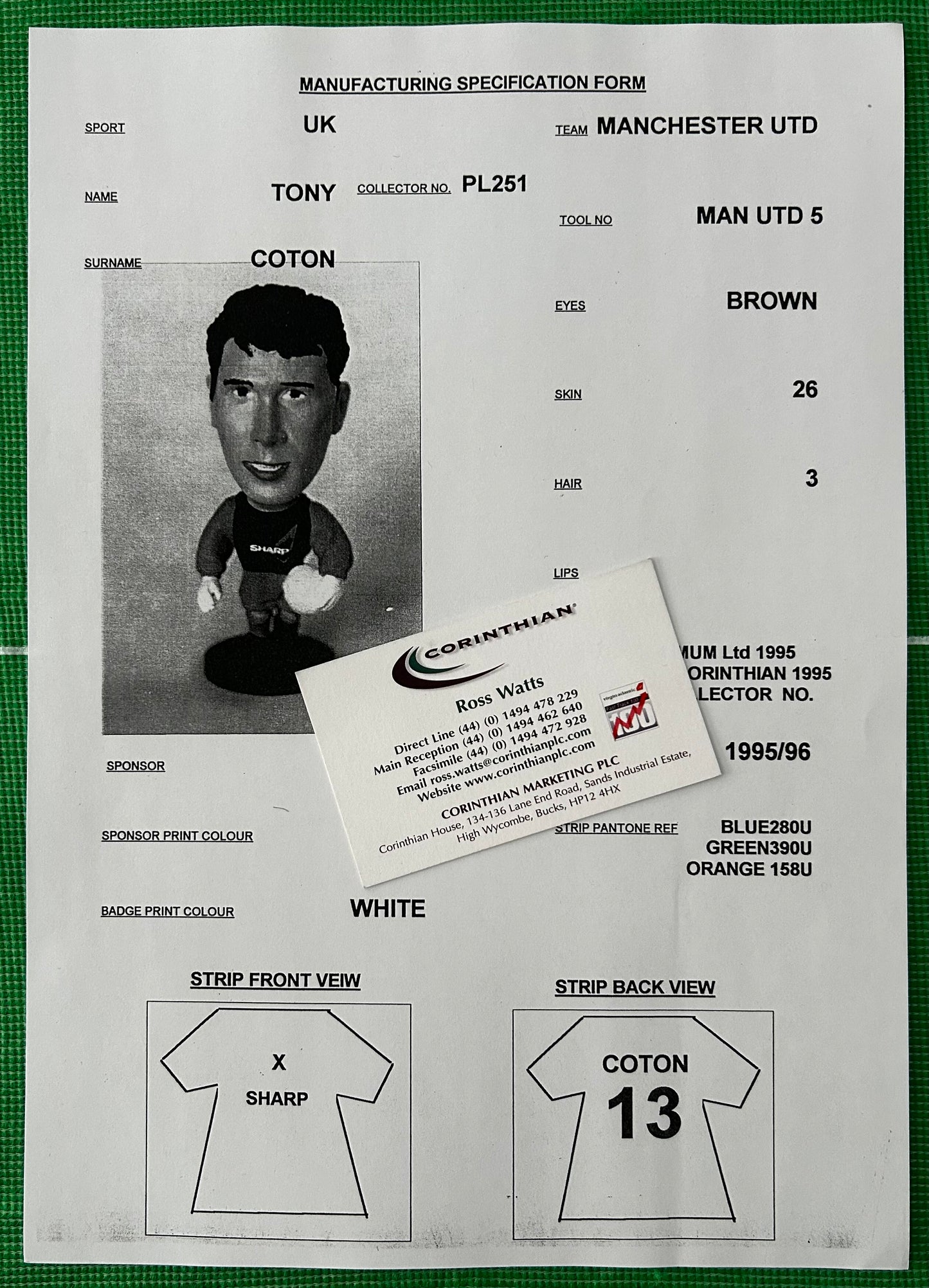 Corinthian Manufacturing Specification Form - TONY COTON (MANCHESTER UNITED) 1995-96 PL251