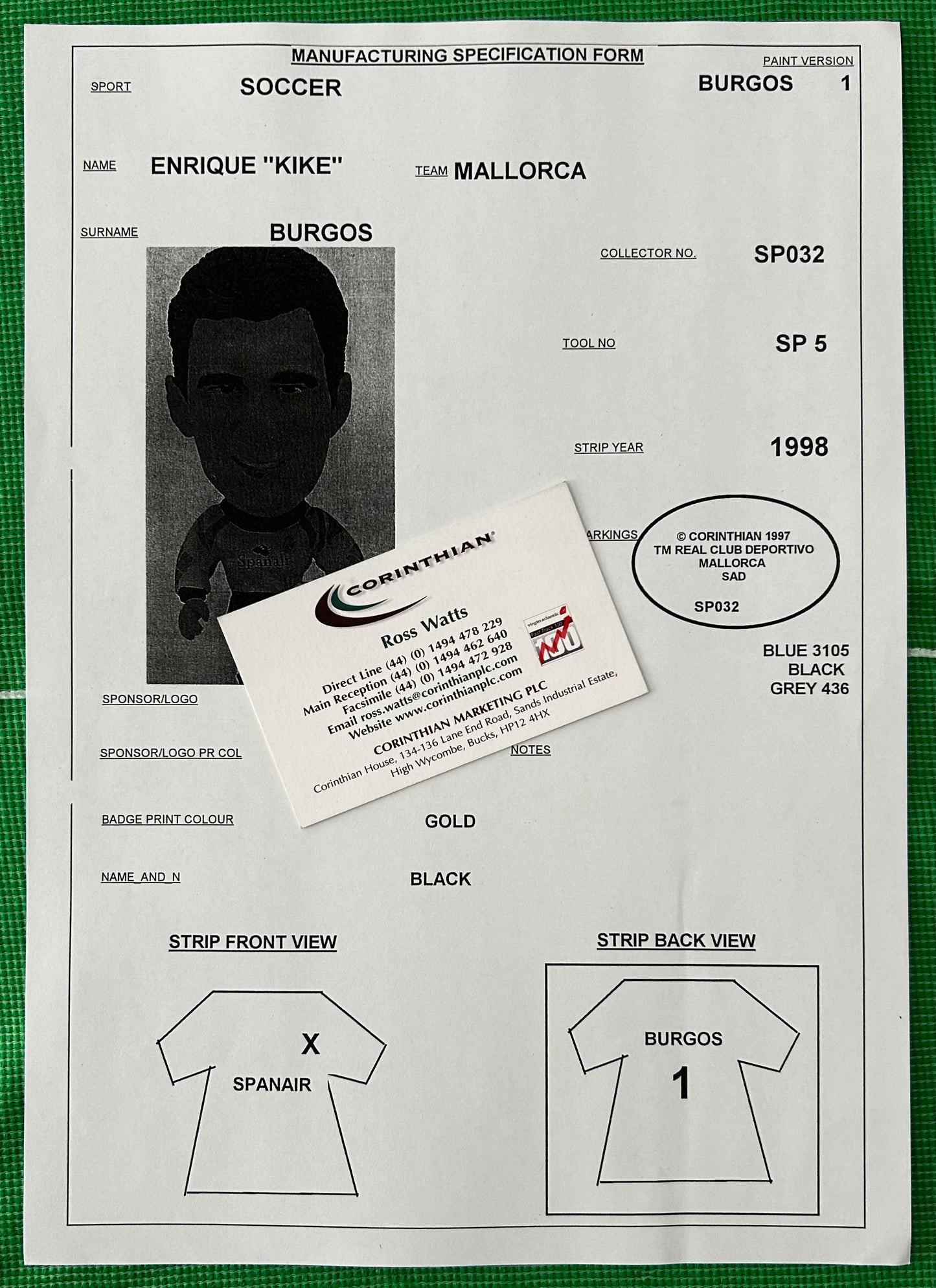 Corinthian Manufacturing Specification Form - ENRIQUE "KIKE" BURGOS (MALLORCA) 1996-97 SP032
