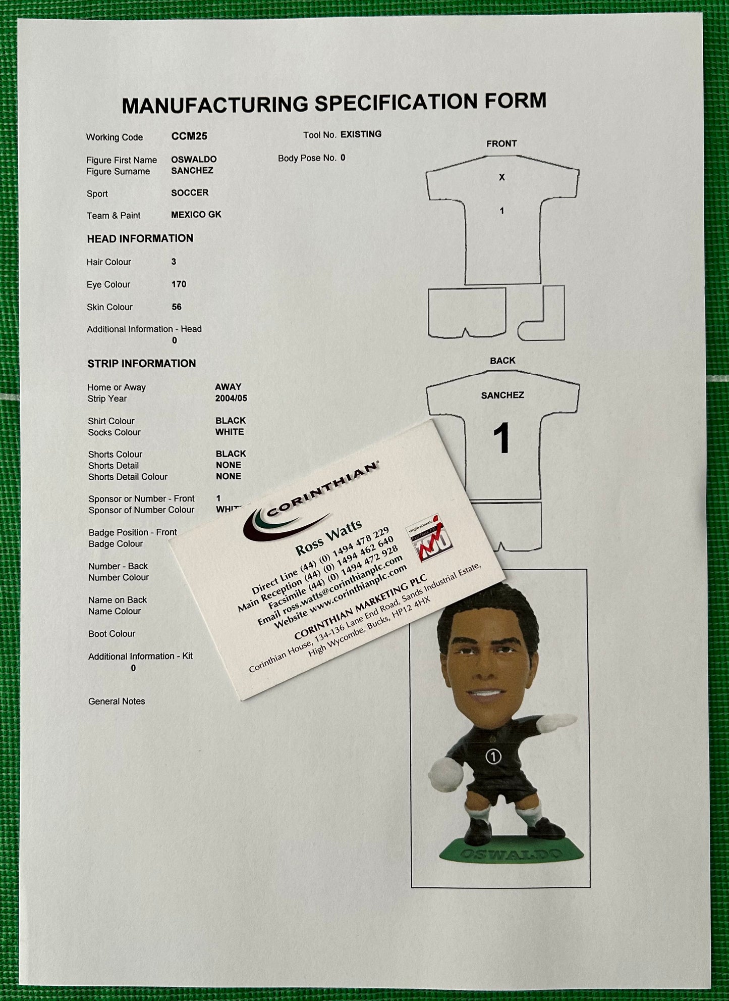 Corinthian MicroStars Manufacturing Specification Form - OSWALDO SANCHEZ (MEXICO) Goalkeeeper Kit 2004-05 CCM25