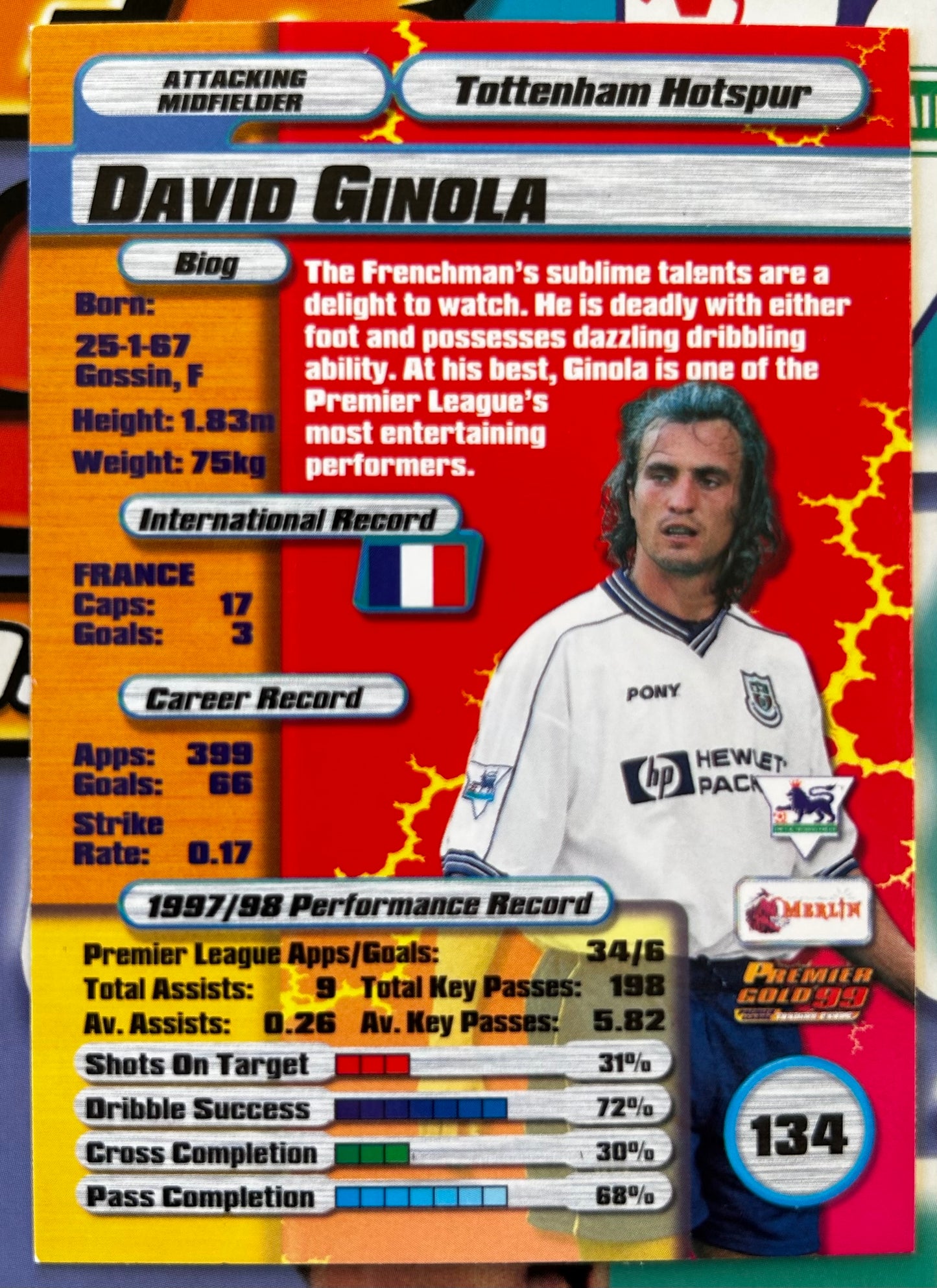 Merlin's Premier Gold 99 Trading Cards - DAVID GINOLA (TOTTENHAM HOTSPUR) #134