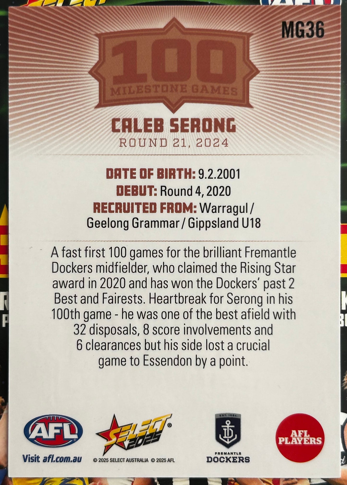 Select AFL 2025 Footy Stars - CALEB SERONG (FREMANTLE DOCKERS) 100 Milestone Games MG36