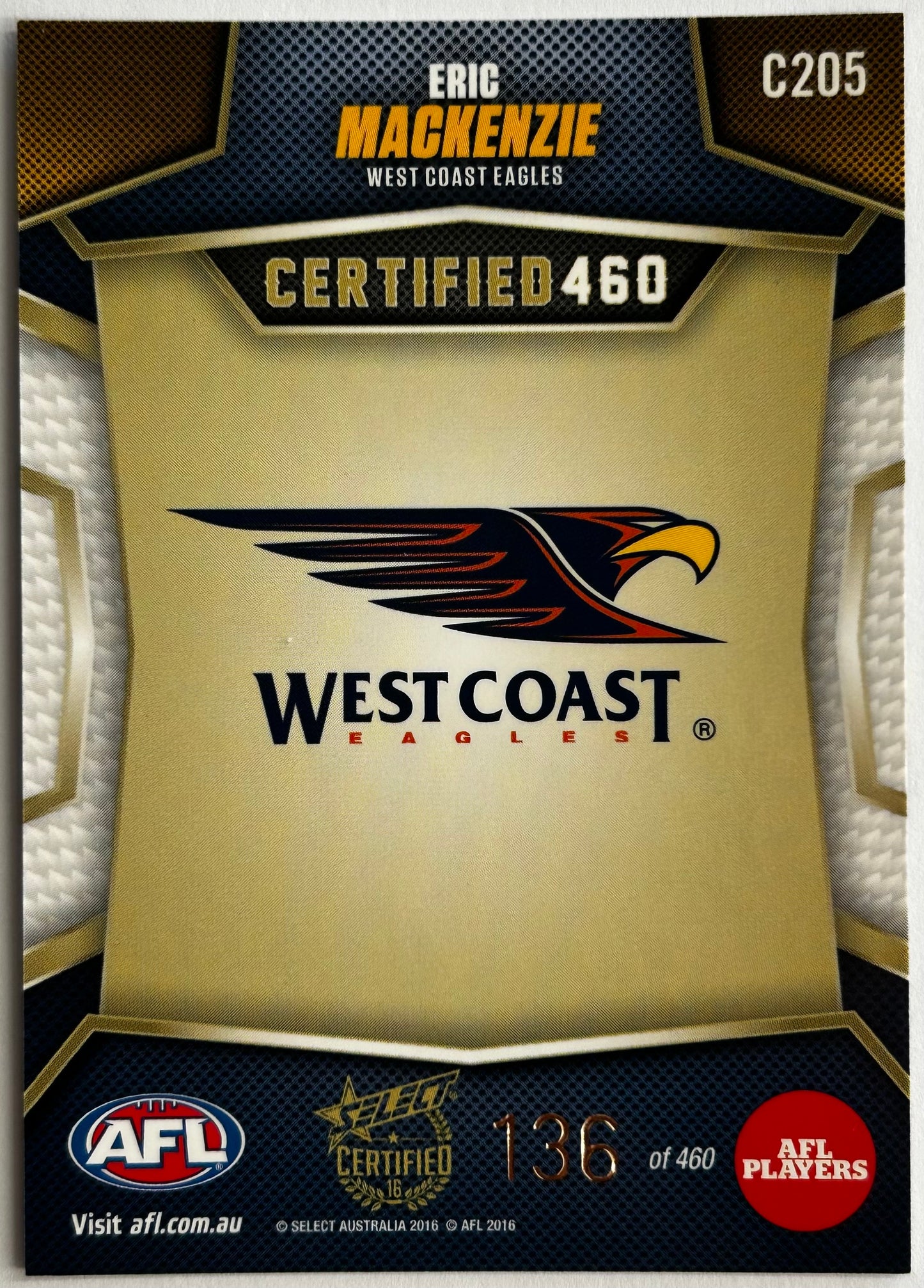 Select AFL 2016 Certified - ERIC MACKENZIE (WEST COAST EAGLES) Certified 460 C205