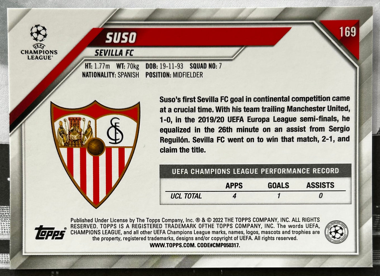 Topps UEFA Chrome Sapphire 2021-22 - SUSO (SEVILLA FC) #169