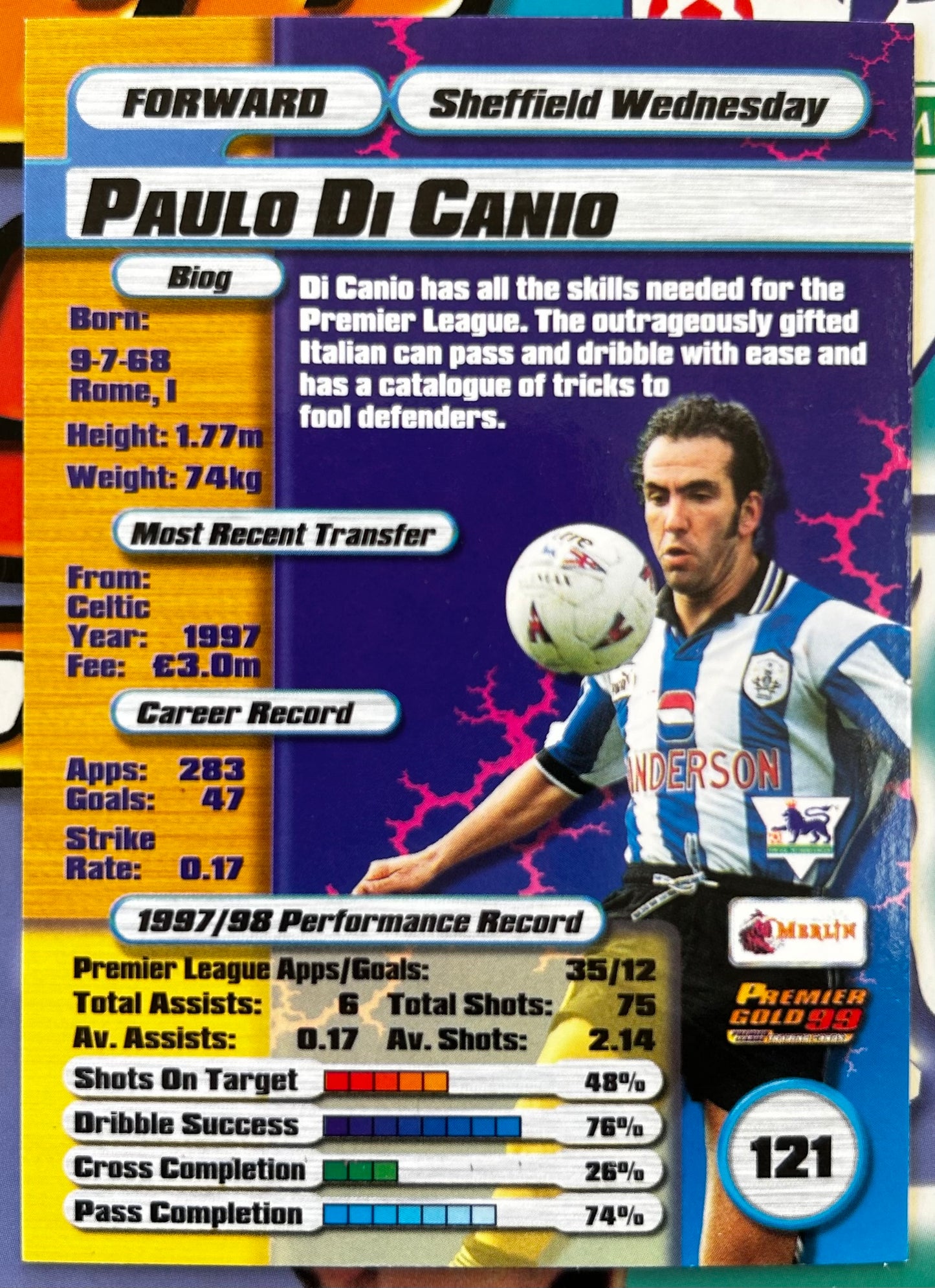 Merlin's Premier Gold 99 Trading Cards - PAULO DI CANIO (SHEFFIELD WEDNESDAY) #121