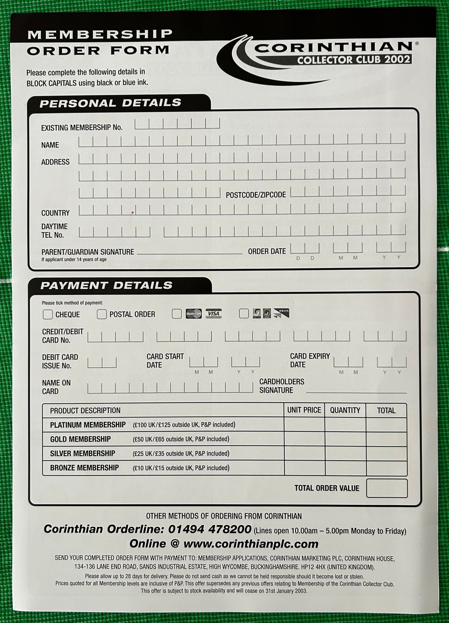 Corinthian Collector Club 2002 Promotional Flyer & Membership Order Form
