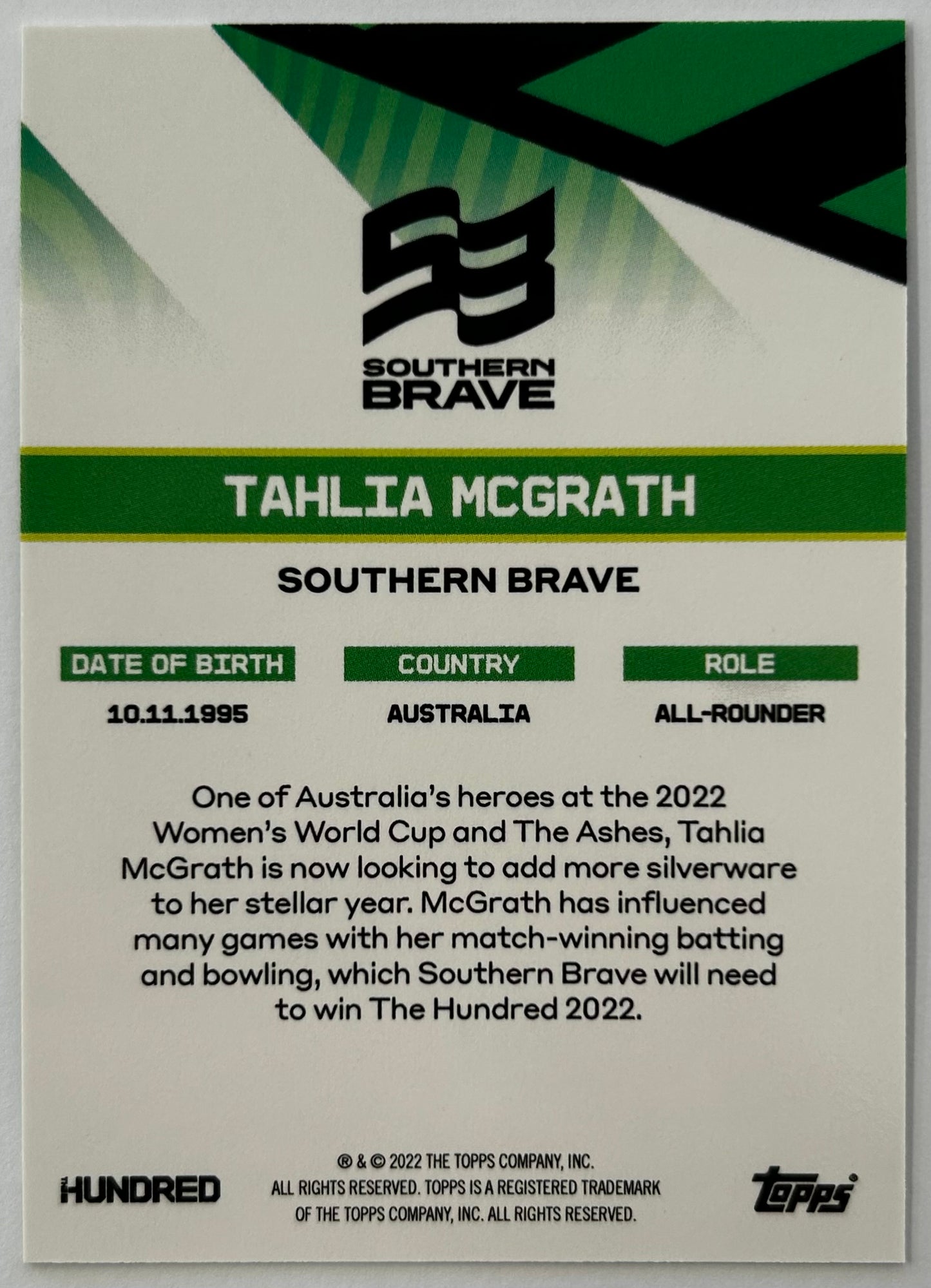 Topps The Hundred 2022 Trading Card Collection - TAHLIA McGRATH (Southern Brave)