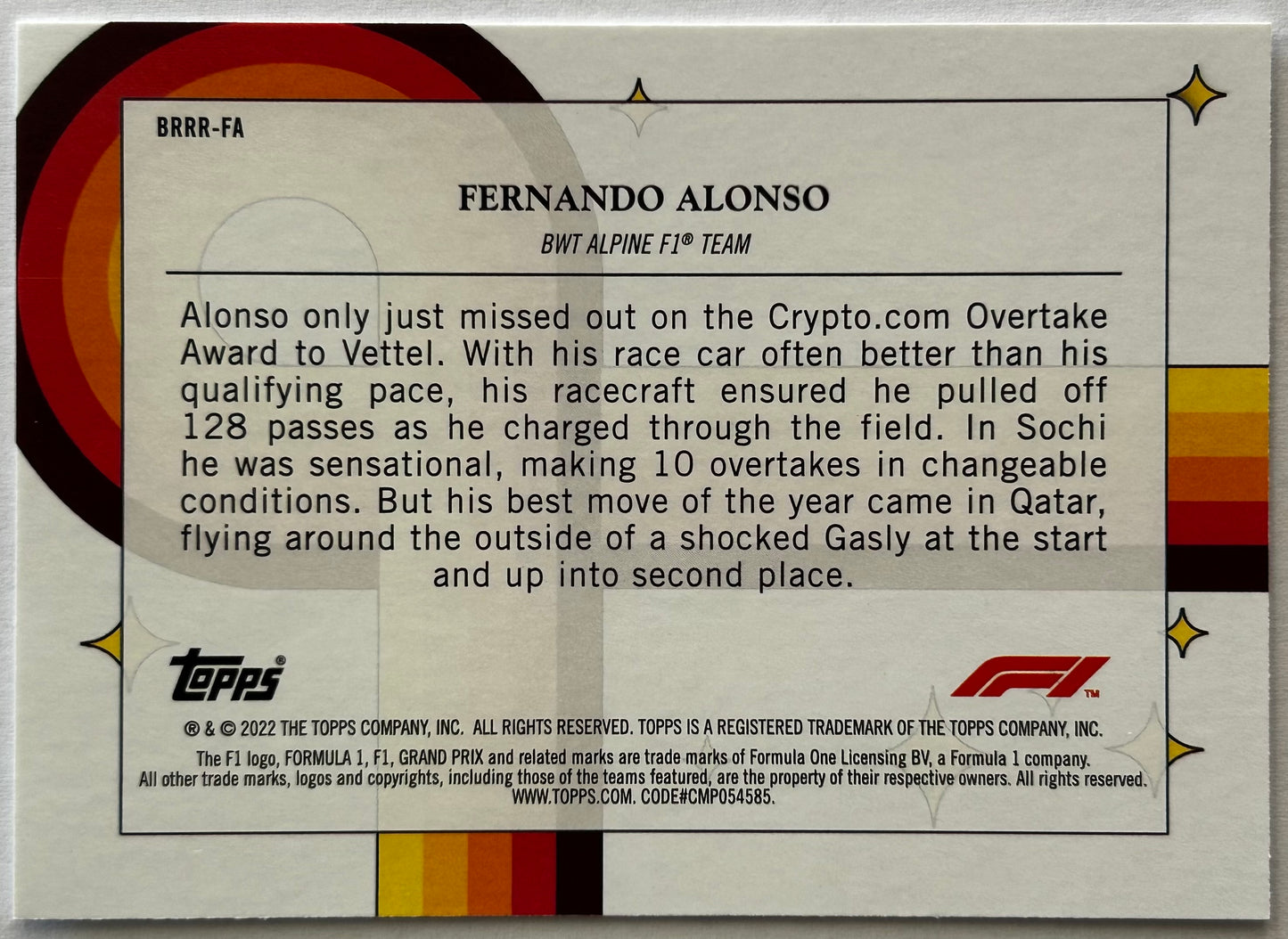 Topps Formula One Flagship 2022 - FERNANDO ALONSO (BWT ALPINE F1 TEAM) Bounce Rock Race Roll BRRR-FA