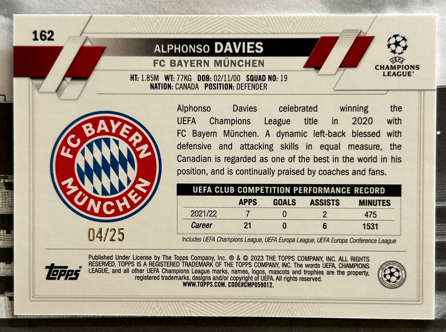 Topps UEFA Club Competitions 1st Edition 2022-23 - ALPHONSO DAVIES (BAYERN MUNICH) Orange Parallel #162 /25