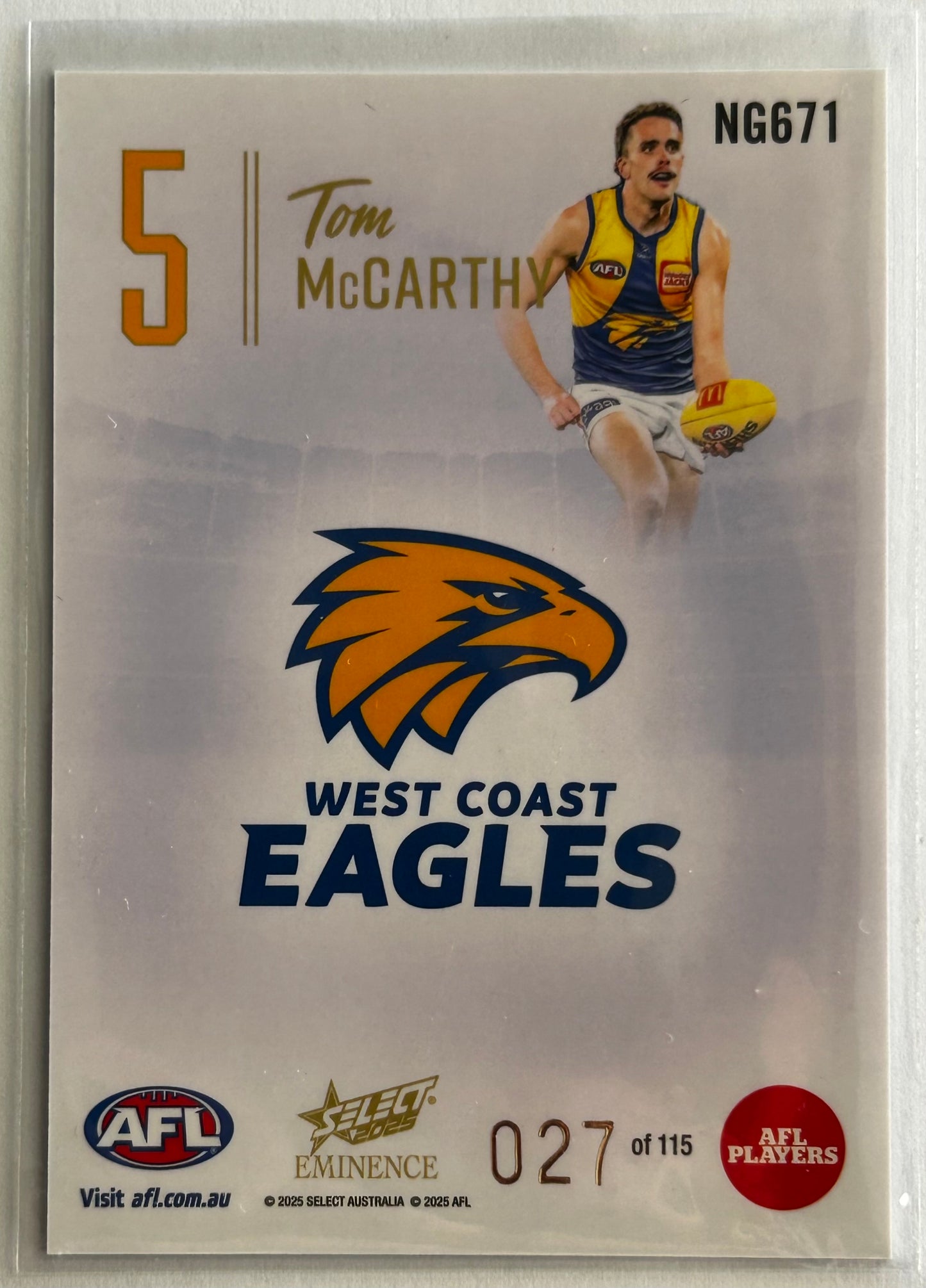 2025 AFL Select Eminence - TOM McCARTHY (WEST COAST EAGLES) Nameplate Gold '5' /115 NG671