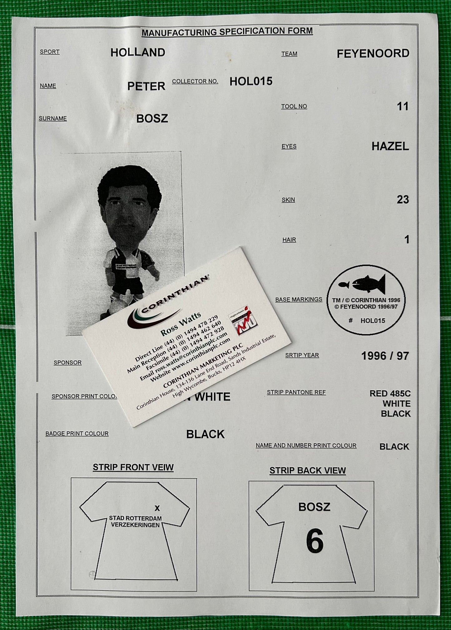Corinthian Manufacturing Specification Form - PETER BOSZ (FEYENOORD) 1996-97 HOL015