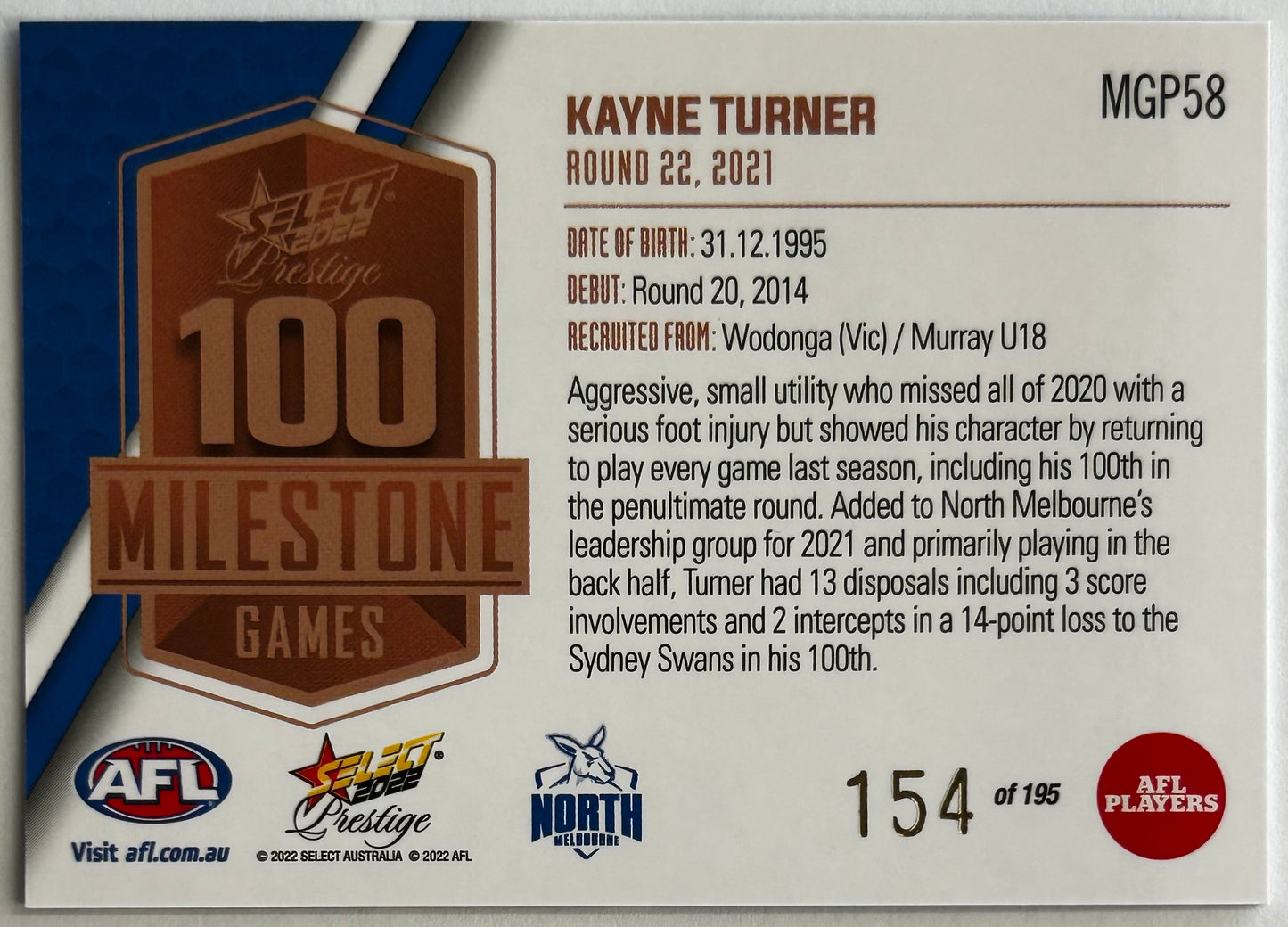 2022 AFL Select Prestige - KAYNE TURNER (NORTH MELBOURNE) Milestones MGP58 /195