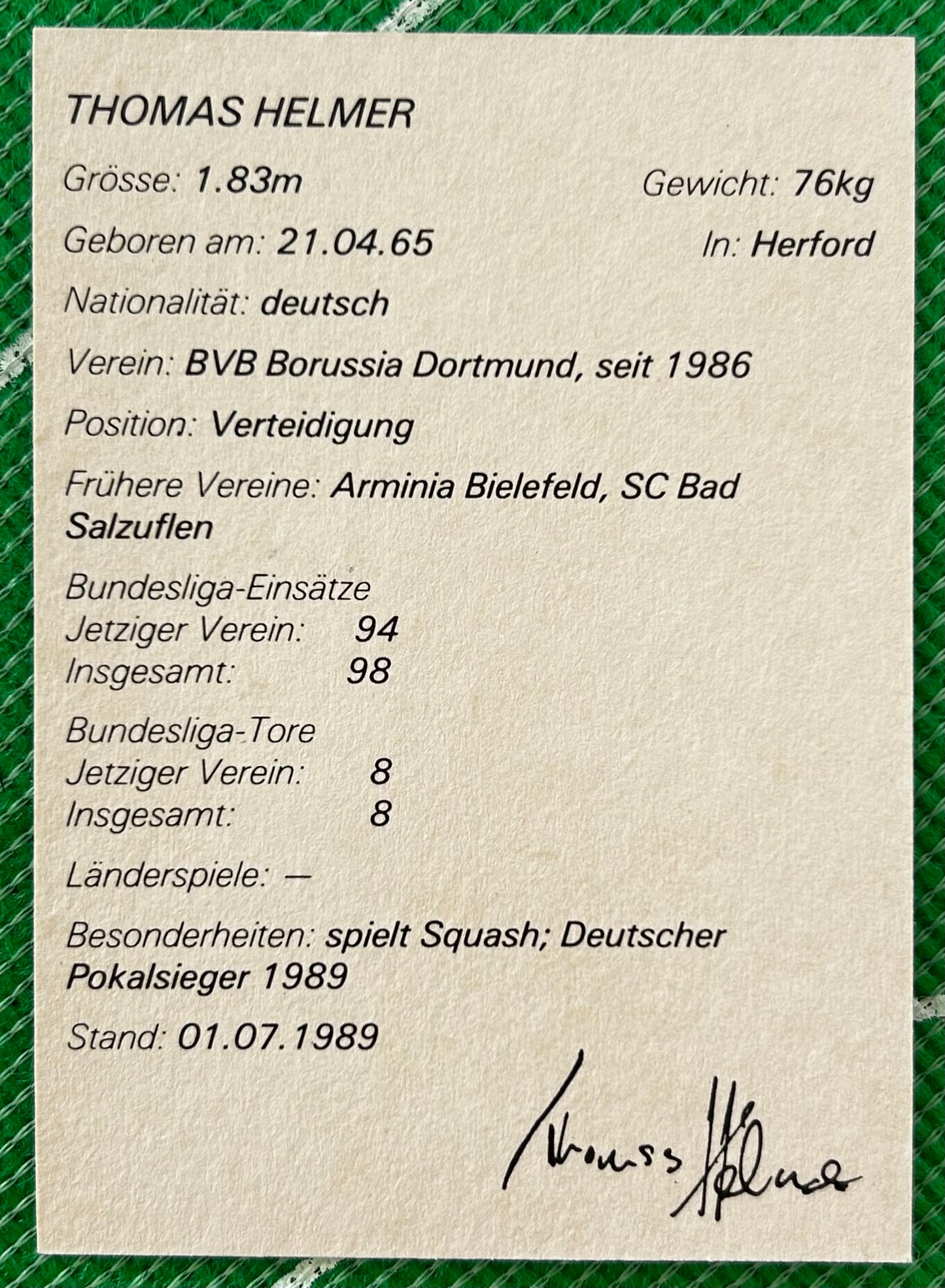 Tonka Sportstars Collector Card - THOMAS HELMER (BORUSSIA DORTMUND) 1989 Release