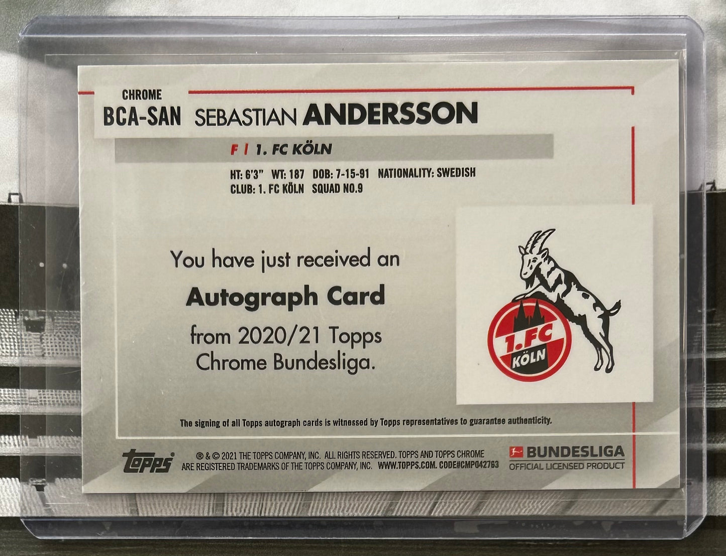 2020-21 Topps Chrome Bundesliga - SEBASTIAN ANDERSSON (1. FC KOLN) Autograph Card #BCA-SAN