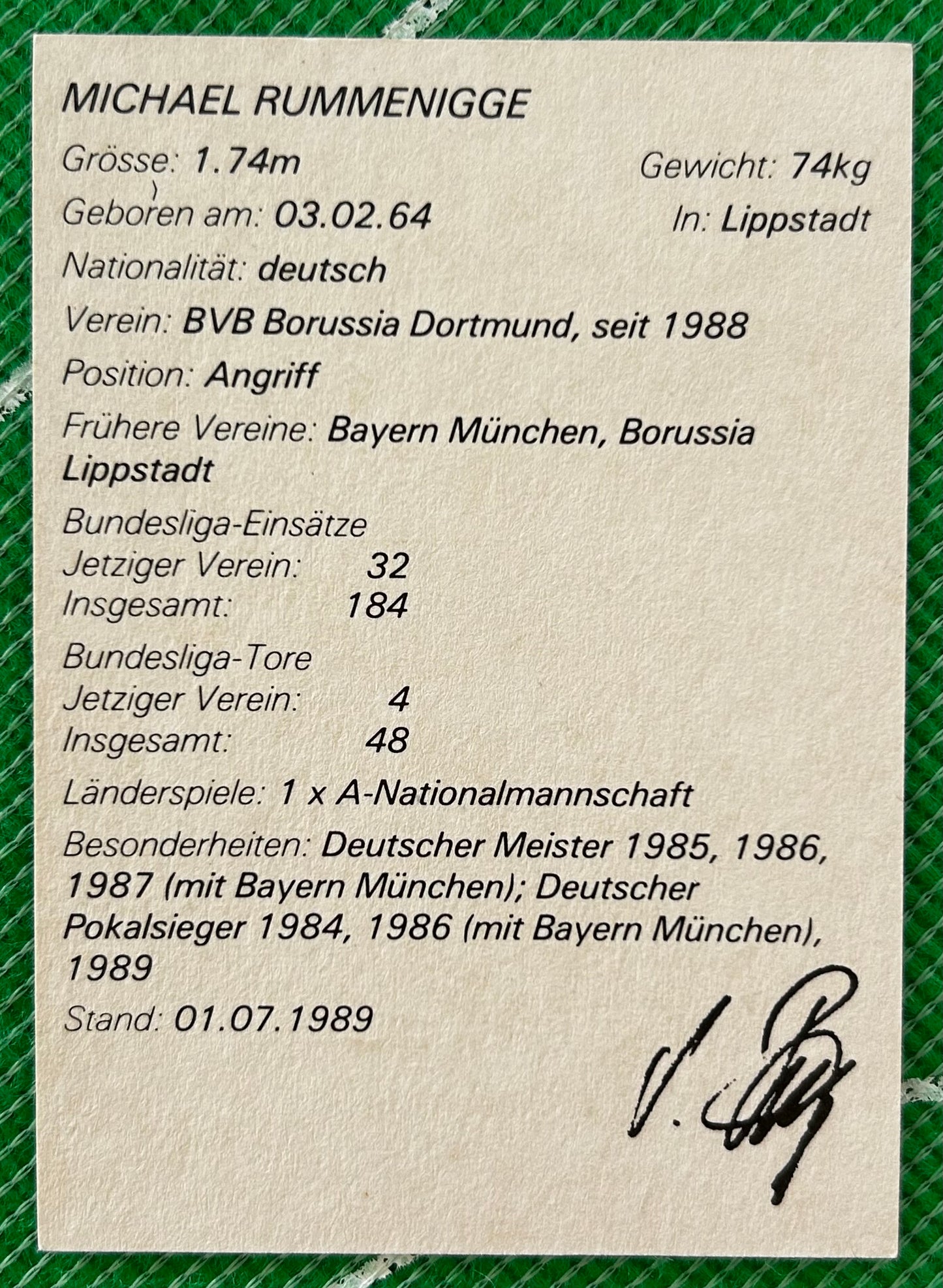 Tonka Sportstars Collector Card - MICHAEL RUMMENIGGE (BORUSSIA DORTMUND) 1989 Release