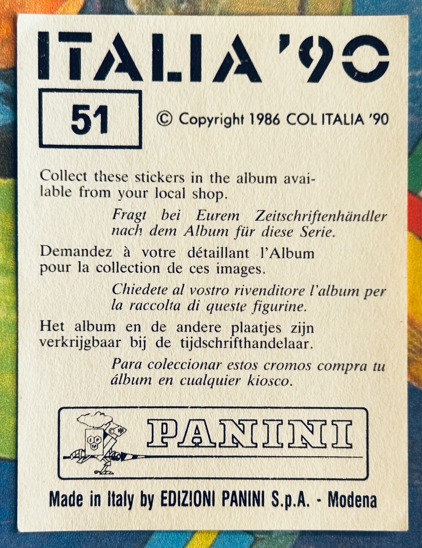 Panini FIFA World Cup Italia 90 Sticker - GIUSEPPE GIANNINI (ITALY) #51