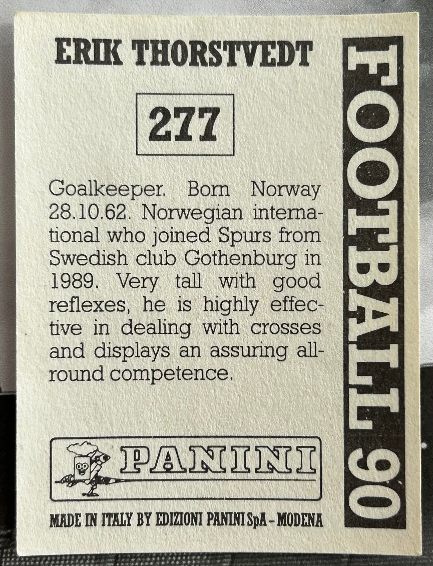 Panini Football 90 Sticker - ERIK THORSTVEDT (TOTTENHAM HOTSPUR) #277